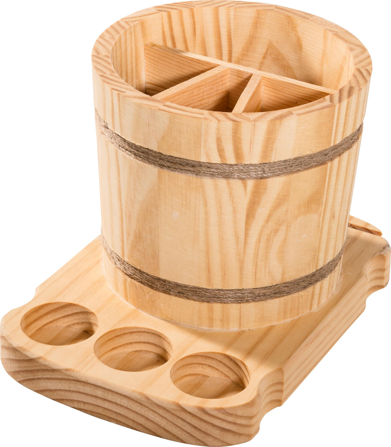 PULSIVA LUSINI Solutions GmbH Table cutlery tray Brio Tisch-Besteckbehälter Brio Table cutlery tray Brio; 24.5x16.5x16x22 cm (LxWxØxH); natural Tisch-Besteckbehälter Brio; 24.5x16.5x16x22 cm (LxBxØxH); natur Cutlery container made of pine wood. Three small and one large compartment. Brio cutlery container with bottom tray, cut-outs for salt and pepper shakers with Ø 4.5 cm, and insertion slot for laminated cards (0.5 cm wide and 1.2 cm deep). Wooden products are not suitable for dishwasher. Supplied without contents. Besteckbehälter aus Kiefernholz. Drei kleine und ein großes Fach. Besteckbehälter Brio mit Bodentablett, Ausschnitten für Salz- und Pfefferstreuer mit Ø 4,5cm, sowie Einsteckschlitz für laminierte Karten (0,5 cm breit und 1,2 cm tief). Holzprodukte sind nicht spülmaschinengeeignet. Lieferung ohne Inhalt.