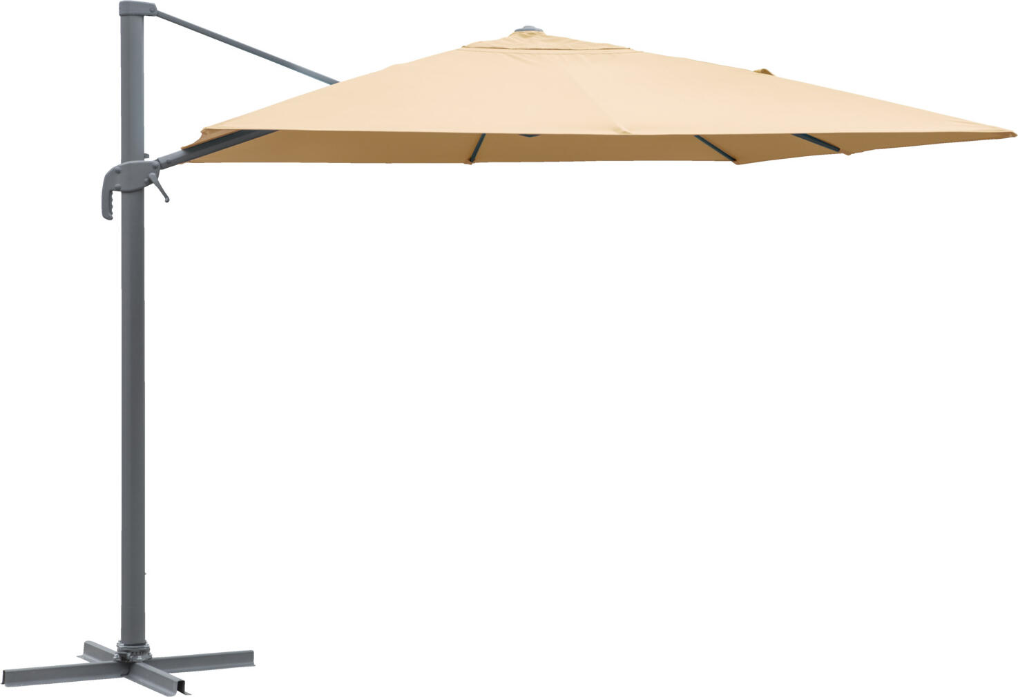 VEGA LUSINI Solutions GmbH Sunshade Elyo Ampelsonnenschirm Elyo Sunshade Elyo; 300x400x275 cm (LxWxH); ecru; rectangular Ampelsonnenschirm Elyo; 300x400x275 cm (LxBxH); ecru; rechteckig Rectangular sunshade made of sturdy, powder-coated aluminum frame and 100% polyester cover. * Cover made of 250 g/m² * Weatherproof, lightfast, UV protection (UV radiation 50+), water-repellent * Roof surface can be rotated 360° using the foot pedal * Can be swiveled by 45° * Crank for easy opening and closing * Includes protective cover and plate sunshade stand (attachment with standard paving slabs 40x40 cm to 50x50 cm - not included) * Replacement cover available on request Please keep the sunshade closed in strong winds. Rechteckiger Ampelsonnenschirm aus stabilem, pulverbeschichtetem Aluminiumgestell und Bespannung aus 100  % Polyester. * Bespannung aus 250 g/m² * wetterfest, lichtecht, UV- Schutz (UV-Strahlung 50+), wasserabweisend * Dachfläche lässt sich mit Tritthebel um 360 ° drehen * schwenkbar um 45 ° * Kurbel für einfaches Öffnen und Schließen * inklusive Schutzhülle und Plattenschirmständer (Befestigung mit handelsüblichen Gehwegplatten 40x40 cm bis 50x50 cm - nicht enthalten) * Ersatzbespannung auf Anfrage erhältlich Bei fachgerechter Sicherung für Windgeschwindigkeiten von bis zu 50 km/h ausgelegt Hinweis: Bei starkem Wind den Sonnenschirm bitte geschlossen halten.