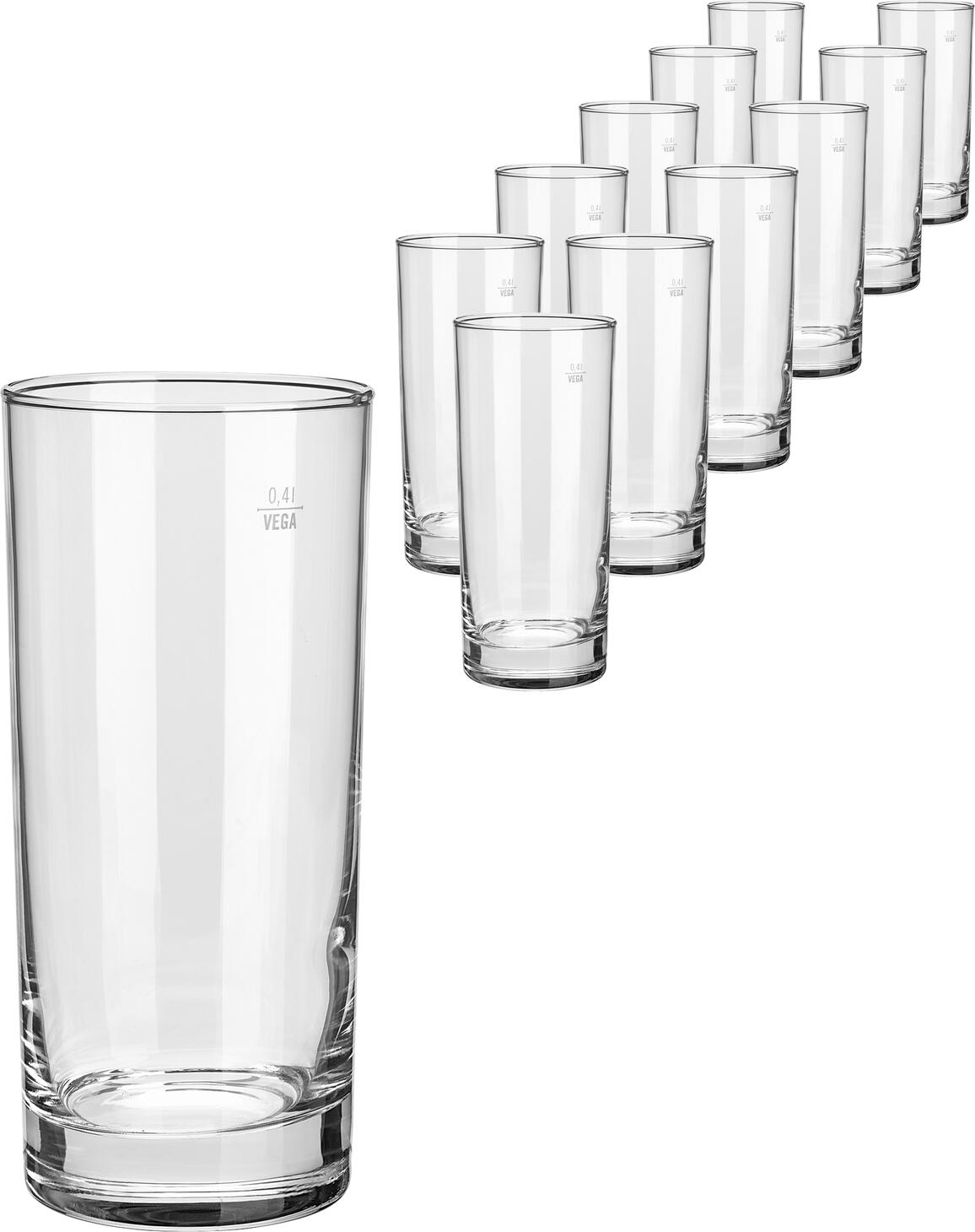 VEGA Regular Drinking Glass Set of 12 Pieces, 480 ml Transparent Glass, Robust and Dishwasher Safe, 16 cm Height, 7.3 cm Diameter