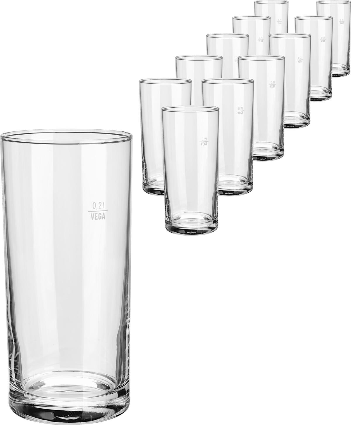 VEGA Regular Drinking Glass with Filling Line, 290 ml, Transparent Glass, Dishwasher Safe, Set of 12 Pieces