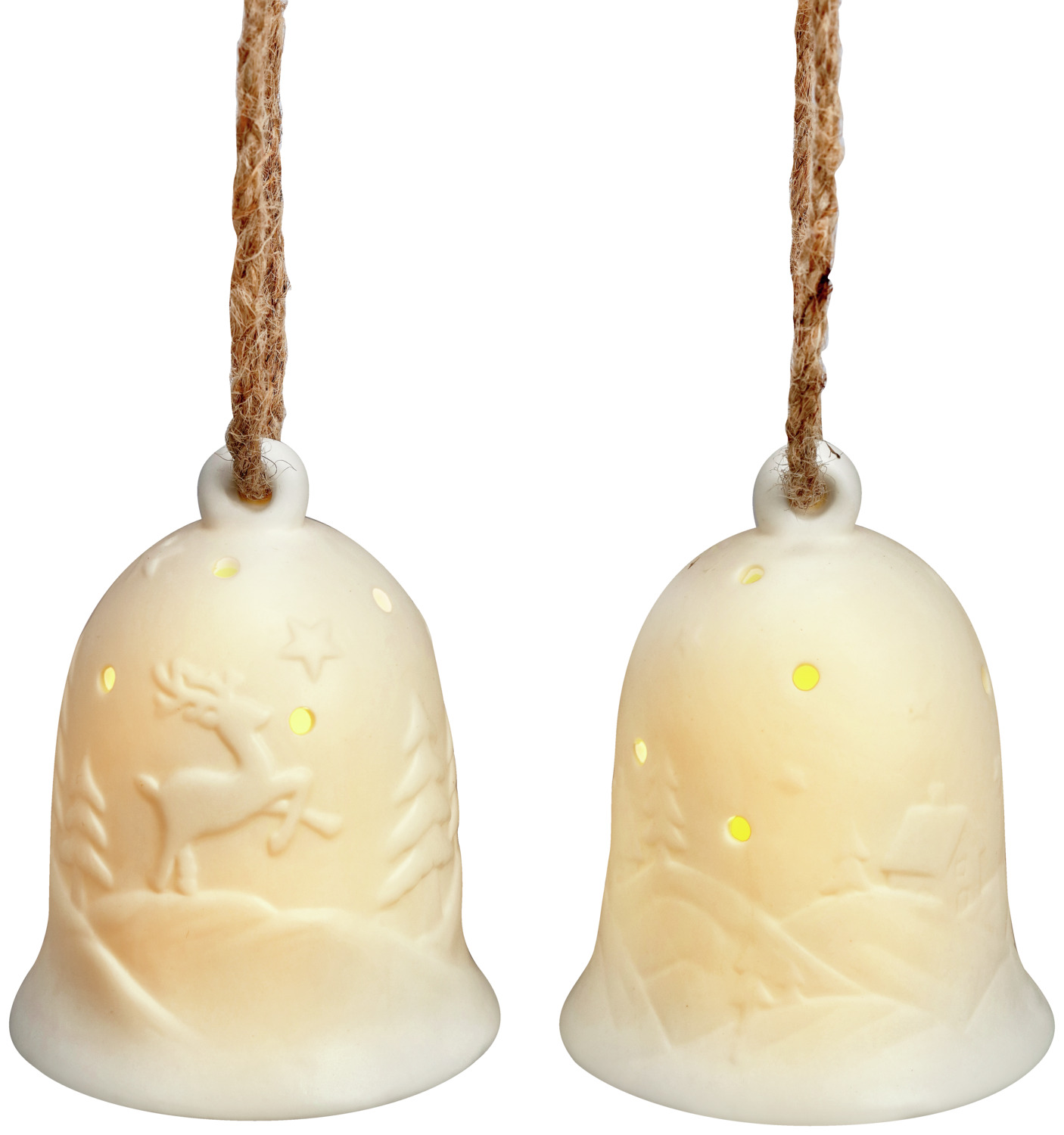 Clopotesti din porțelan cu LED Vega Arian, motive Crăciun natal, albi, 8x10 cm, Set de 2 piese