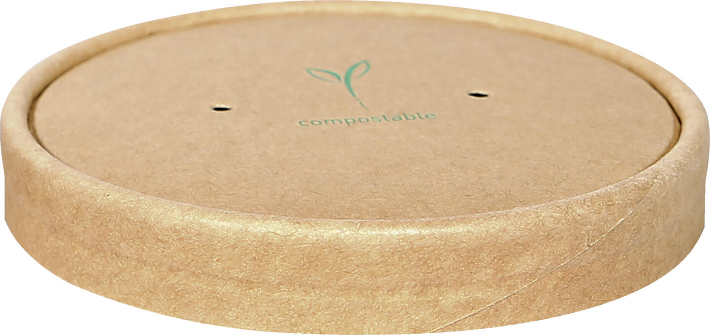 NATUREStar Lid Nature kraft paper for soup cup Deckel Nature Kraftpapier für Suppenbecher Lid Nature kraft paper for soup cup; 9.7 cm (Ø); brown; 25 piece / pack Deckel Nature Kraftpapier für Suppenbecher; 9.7 cm (Ø); braun; 25 Stück / Pack Matching lid made of kraft paper with PLA coating (corn starch). The perfect complement to the Nature kraft paper soup cup with vent hole in the lid for steam release. 100% compostable and recyclable. Certified according to EN13432. Passender Deckel aus Kraftpapier mit PLA-Beschichtung (Maisstärke). Die perfekte Ergänzung zum Suppenbecher Nature Kraftpapier mit Entlüftungsöffnung im Deckel für Dampfaustritt. 100 % kompostierbar und recyclebar. Nach EN13432 zertifiziert.