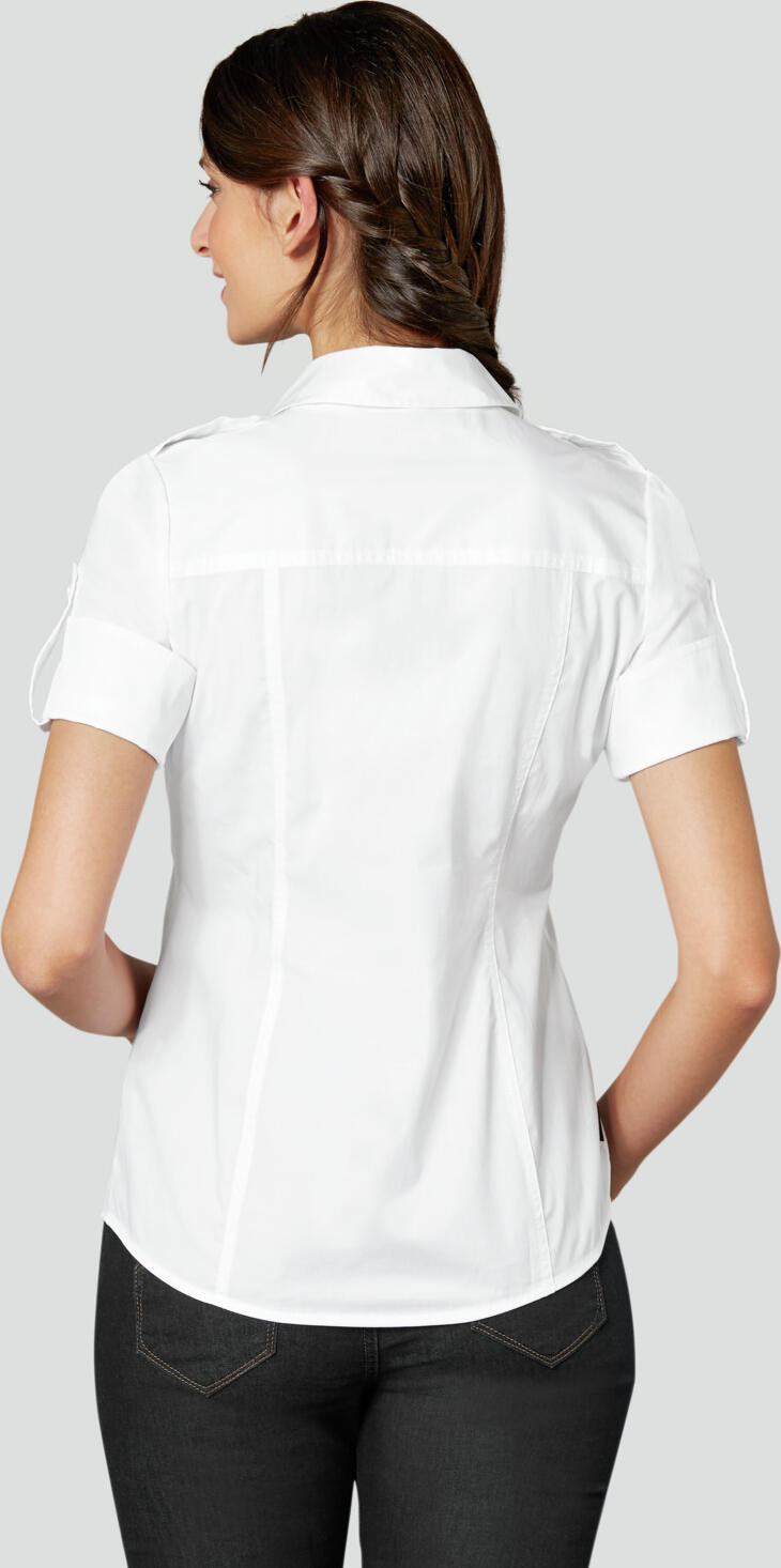 Bluza pentru femei Jobeline Kate, maneca pe jumate, croiala pe talie, 98% bumbac 2% spandex, guler V, doua buzunare la piept, lungime extinsă, albă