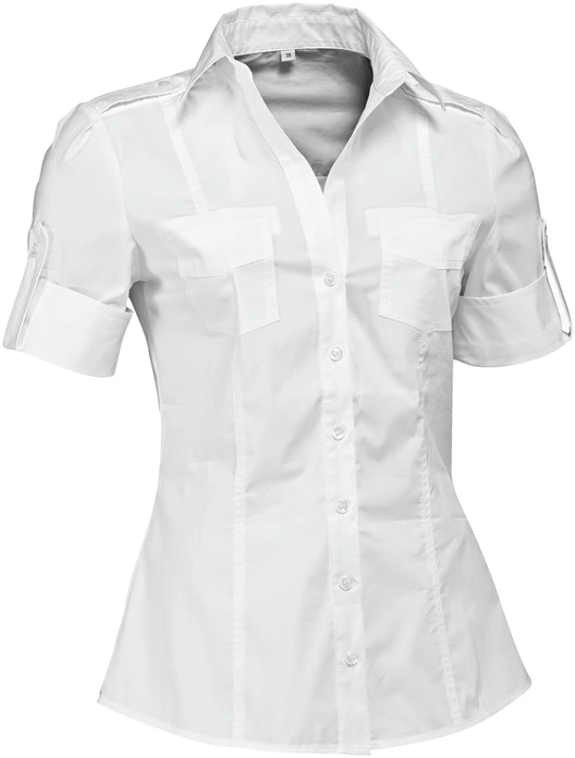 JOBELINE LUSINI Solutions GmbH Women's blouse Kate half sleeve Damenbluse Kate Halbarm Women's blouse Kate half sleeve; Size 50; white Damenbluse Kate Halbarm; Kleidergröße 50; weiß 98 % cotton, 2 % spandex. 40 °C wash. Sporty, short-sleeved women's blouse with button placket and V-neck, classic collar, and a wide turned-up cuff with bar and button. With extra long back length and rounded hem. Waisted cut. Back length: 64 cm for size 36. 98 % Baumwolle, 2 % Elasthan. 40°-Wäsche. Sportive, kurzärmlige Damenbluse mit Knopfleiste und V-Ausschnitt, klassischem Kragen, sowie einem breiten aufgeschlagenem Ärmelbündchen mit Riegel und Knopf. Mit extra langer Rückenlänge und abgerundetem Saum. Tailliert geschnitten. Rückenlänge: 64 cm bei Gr. 36