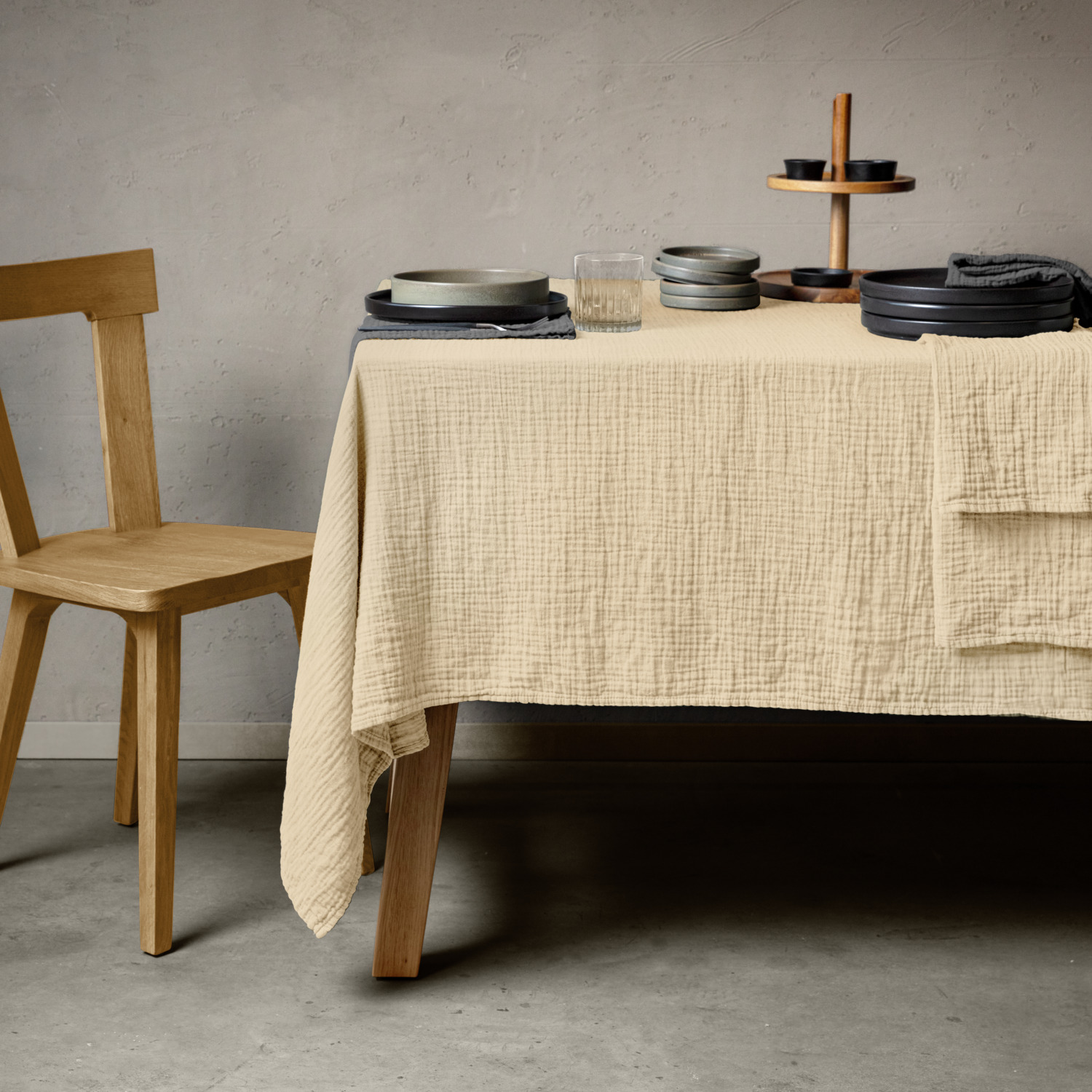 ERWIN M. Silena Tablecloth by the Metre, 100% Cotton Soft Muslin Fabric, 270 cm Width, Beige, Non-Iron Crinkle Look, OEKO-TEX Standard 100