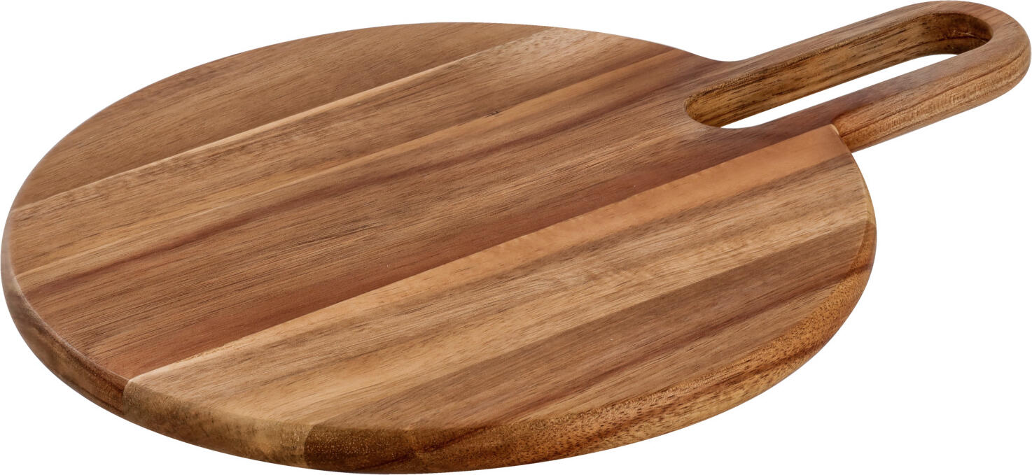 VEGA Zamiro Round Serving Board, Oiled Acacia Wood Food Board with Carrying Handle and Hanging Hole, 25 cm Diameter, Brown