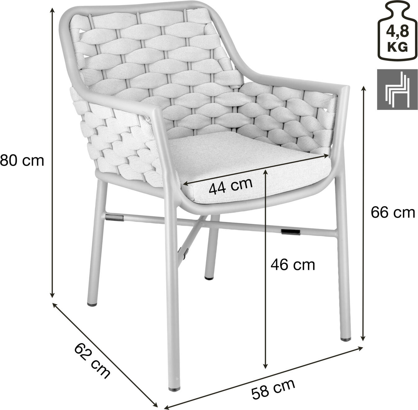 Set de 2 scaune de exterior VEGA Arto, impletitura din sfoara, cadru aluminiu vopsit electrostatic, stivuibile, rezistente UV, 58x62x80 cm, Antracit