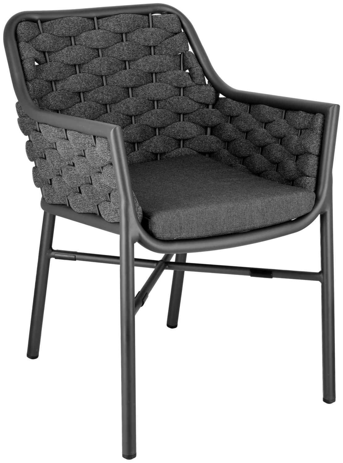VEGA LUSINI Solutions GmbH Outdoor chair Arto Outdoor Stuhl Arto Outdoor chair Arto; 58x62x80 cm (WxDxH); anthracite; 2 piece / pack Outdoor Stuhl Arto; 58x62x80 cm (BxTxH); anthrazit; 2 Stück / Pack Outdoor chair with a powder-coated aluminum frame and rope wickerwork (98 % polypropylene + 2 % polyester yarn). Includes seat cushion made of polypropylene fabric (100 % polypropylene), removable and washable at 30 °C. UV-resistant, lightfast and stackable. Up to five chairs can be stacked. Suitable for outdoor use. Delivered assembled. Outdoorstuhl aus pulverbeschichtetem Aluminiumrahmen und Rope-Geflecht (98 % Polypropylen + 2 % Polyestergarn). Inklusive Sitzkissen aus Olefinstoff (100 % Polypropylen), abziehbar und bei 30° waschbar. UV-beständig, lichtecht und stapelbar. Bis zu fünf Stühle stapelbar. Für den Außenbereich geeignet. Lieferung erfolgt montiert.