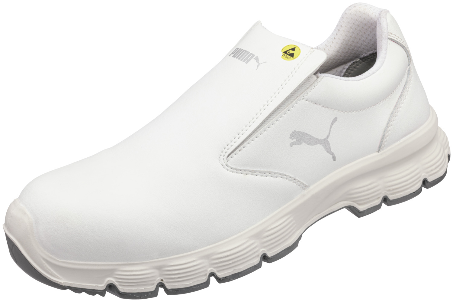 Puma Safety ISM GmbH Safety slippers Float Sicherheitsslipper Float Safety slippers Float; Size EU 39; white Sicherheitsslipper Float; Schuhgröße 39; weiß Puma Safety Float S2 FO SR Safety Loafers – Comfort, Protection and Slip-Resistant Performance The Puma Safety Float safety loafers combine modern design with reliable protection and maximum comfort. With protection class S2 FO SR in accordance with EN ISO 20345:2022+A1:2024, it is the ideal choice for demanding work environments such as the hospitality sector, care, industry or food processing. Reliable protection with an aluminium toe cap The integrated aluminium toe cap provides reliable protection against impact and compression. The hard-wearing microfibre upper (S2) is water-repellent and particularly easy to care for – ideal for everyday use. Slip-resistant REBOUND outsole for maximum safety The REBOUND Compact PU outsole (SR) impresses with its high material density and long service life. The specially segmented tread pattern ensures optimum grip on wet, slippery and uneven surfaces (SR). Wide lugs around the edges provide additional stability with every step. The integrated midsole with EFFECT.FOAM® technology offers: Up to 60% energy return Reduction in impact on bones and joints by up to 47% Long-lasting cushioning for fatigue-free working Breathable lining for a comfortable foot environment The BreathActive functional lining with a micro-channel system ensures optimal air circulation and effective moisture management. Even during strenuous activities, your feet stay comfortably dry. EVERCUSHION® RELIEF footbed – ergonomics meets comfort. The Evercushion ReliefT footbed consists of several layers of polyurethane and adapts perfectly to the foot: Reliable cushioning in the heel area Reduction of pressure points Long-lasting comfort even with intensive use Support for ergonomic walking and standing Your benefits at a glance: Protection class S2 FO SR in accordance with EN ISO 20345:2022+A1:2024 Aluminium toe cap for reliable protection Water-repellent microfibre upper (S2) Slip-resistant, durable PU outsole (SR) Resistant to fats and oils (FO) EFFECT.FOAM® midsole with high energy return BreathActive functional lining Ergonomic Evercushion ReliefT footbed Unisex – suitable for men and women Conclusion: The Puma Safety Float safety slip-on is the perfect combination of safety, comfort and slip resistance. Ideal for anyone looking for a comfortable, closed-toe work slip-on with toe protection for long working days. Puma Safety Sicherheitsslipper Float S2 FO SR – Komfort, Schutz und rutschfeste Performance Der Puma Safety Float Sicherheitsslipper vereint modernes Design mit zuverlässigem Schutz und maximalem Tragekomfort. Mit der Schutzklasse S2 FO SR nach EN ISO 20345:2022+A1:2024 ist er die ideale Wahl für anspruchsvolle Arbeitsbereiche wie Gastronomie, Pflege, Industrie oder Lebensmittelverarbeitung. Zuverlässiger Schutz mit Aluminiumkappe Die integrierte Aluminiumkappe schützt zuverlässig vor Stoß- und Druckeinwirkungen. Das strapazierfähige Mikrofaser-Obermaterial (S2) ist wasserabweisend und besonders pflegeleicht – ideal für den täglichen Einsatz. Rutschhemmende REBOUND Laufsohle für maximale Sicherheit Die REBOUND Compact PU-Laufsohle (SR) überzeugt durch ihre hohe Materialdichte und lange Lebensdauer. Das speziell segmentierte Profil sorgt für optimalen Grip auf nassen, glatten und unebenen Böden (SR). Breite Stollen im Randbereich gewährleisten zusätzliche Stabilität bei jeder Bewegung. Die integrierte Zwischensohle mit EFFECT.FOAM® Technologie bietet: Bis zu 60 % Energierückgabe Reduzierung der Stoßbelastung auf Knochen und Gelenke um bis zu 47 % Dauerhafte Dämpfung für ermüdungsfreies Arbeiten Atmungsaktives Innenfutter für ein angenehmes Fußklima Das BreathActive Funktionsfutter mit Mikrokanal-System sorgt für optimale Luftzirkulation und effektives Feuchtigkeitsmanagement. Selbst bei schweißtreibenden Tätigkeiten bleiben die Füße angenehm trocken. EVERCUSHION® RELIEF Fußbett – Ergonomie trifft Komfort. Das Evercushion ReliefT Fußbett besteht aus mehreren Polyurethan-Schichten und passt sich optimal dem Fuß an: Zuverlässige Dämpfung im Fersenbereich Reduzierung von Druckpunkten Lang anhaltender Komfort auch bei intensiver Nutzung Unterstützung für ein ergonomisches Gehen und Stehen Ihre Vorteile auf einen Blick: Schutzklasse S2 FO SR nach EN ISO 20345:2022+A1:2024 Aluminiumkappe für zuverlässigen Schutz Wasserabweisendes Mikrofaser-Obermaterial (S2) Rutschhemmende, langlebige PU-Laufsohle (SR) Beständig gegen Fette und Öle (FO) EFFECT.FOAM® Zwischensohle mit hoher Energierückgabe Atmungsaktives BreathActive Funktionsfutter Ergonomisches Evercushion ReliefT Fußbett Unisex – geeignet für Damen und Herren Fazit: Der Puma Safety Float Sicherheitsslipper ist die perfekte Kombination aus Sicherheit, Komfort und Rutschfestigkeit. Ideal für alle, die einen bequemen, geschlossenen Arbeitsslipper mit Zehenschutz für lange Arbeitstage suchen.
