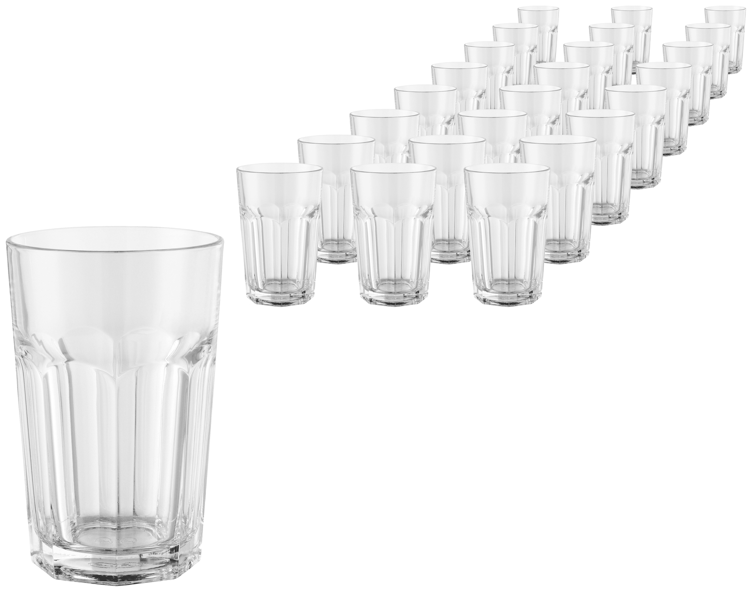 Set de 24 piese Pahare Long Drink Pasabahce Casablanca, 400ml Sticla Temperata Transparenta, Stivuibile si Rezistente la Masina de Spalat, 13cm