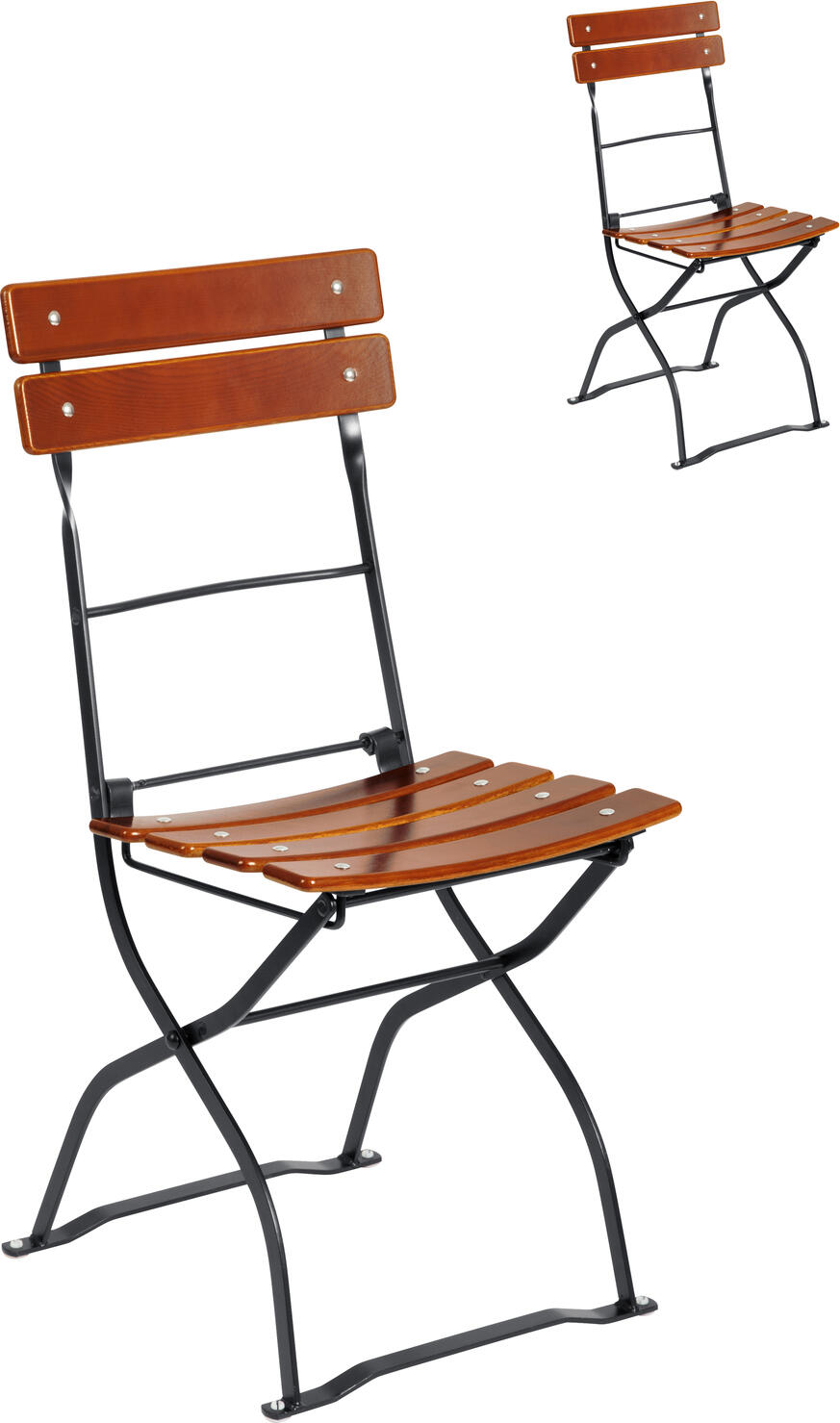 Set de 2 scaune pliabile de gradina VEGA Bavaria, cadru din otel galvanizat, lemn de frasin glazurat, negru si castaniu, rezistente la intemperi iz