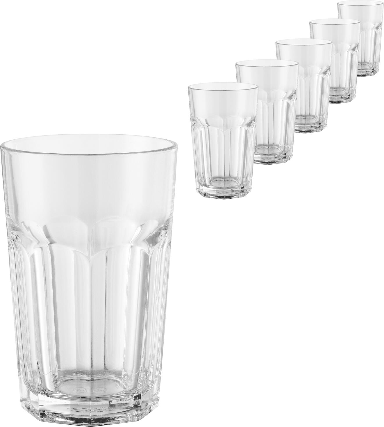 Pasabahce Casablanca Long Drink Glass Set of 6, 400ml Tempered Glass, Stackable, Dishwasher Safe, Robust Heavy Quality, Transparent, 13cm Height