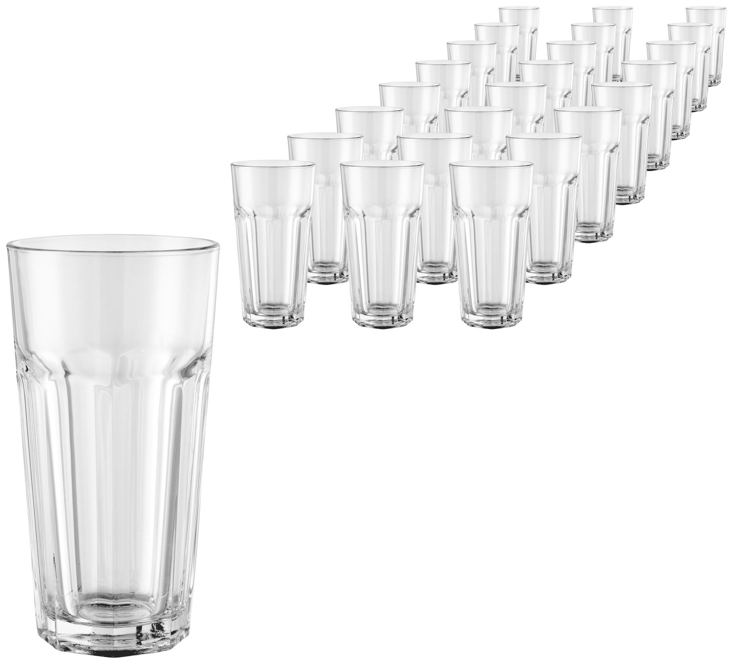 Pasabahce Casablanca Long Drink Glass Set of 24 Pieces, 480 ml, Tempered Transparent Glass, Stackable, Dishwasher Safe, Heavy Duty Robust Quality