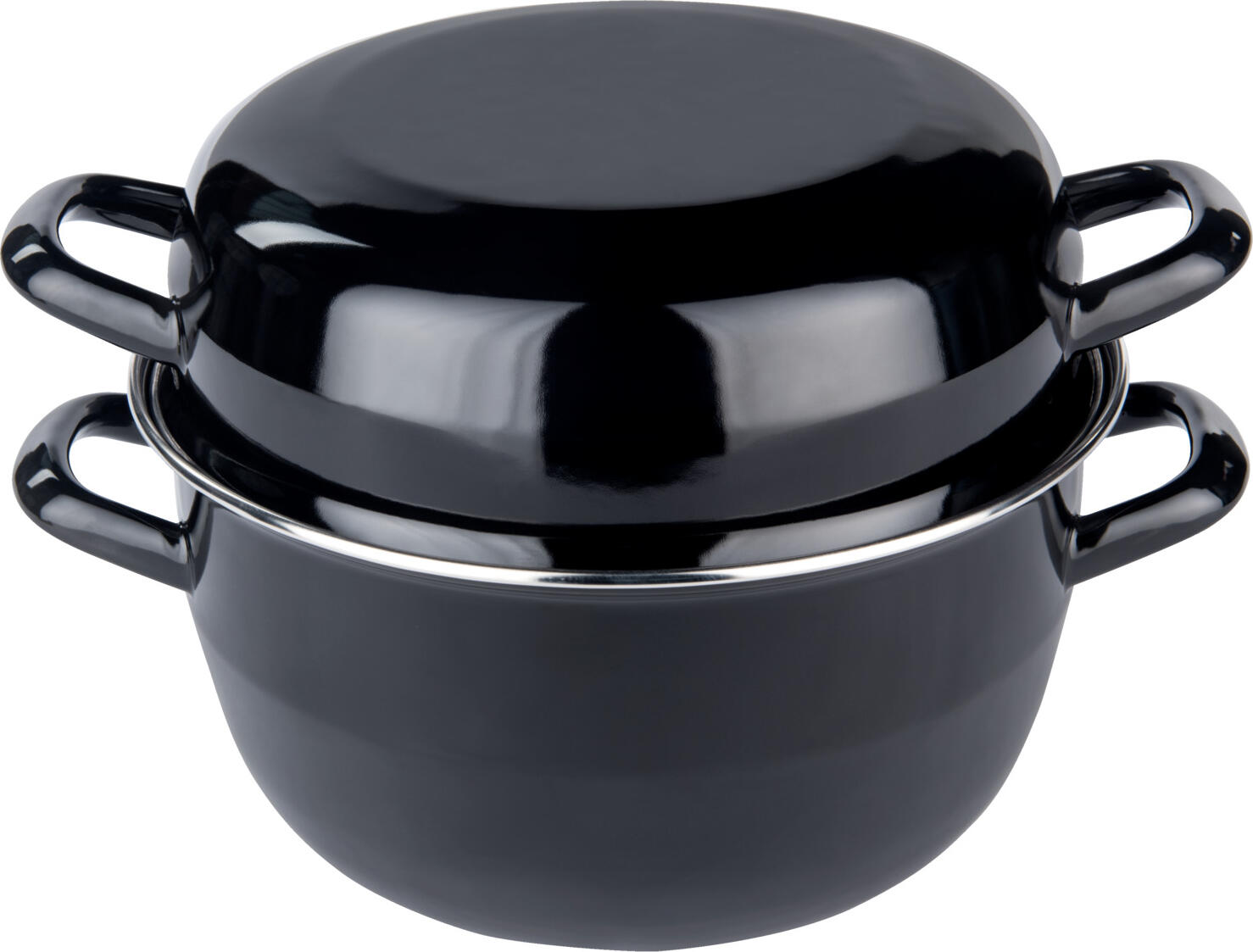 APS Assheuer + Pott Mussel Pot, 900 ml Enameled Sheet Steel with Stainless Steel Rim, Black Round Serving Pot with Lid and Handle, 13.5x9 cm