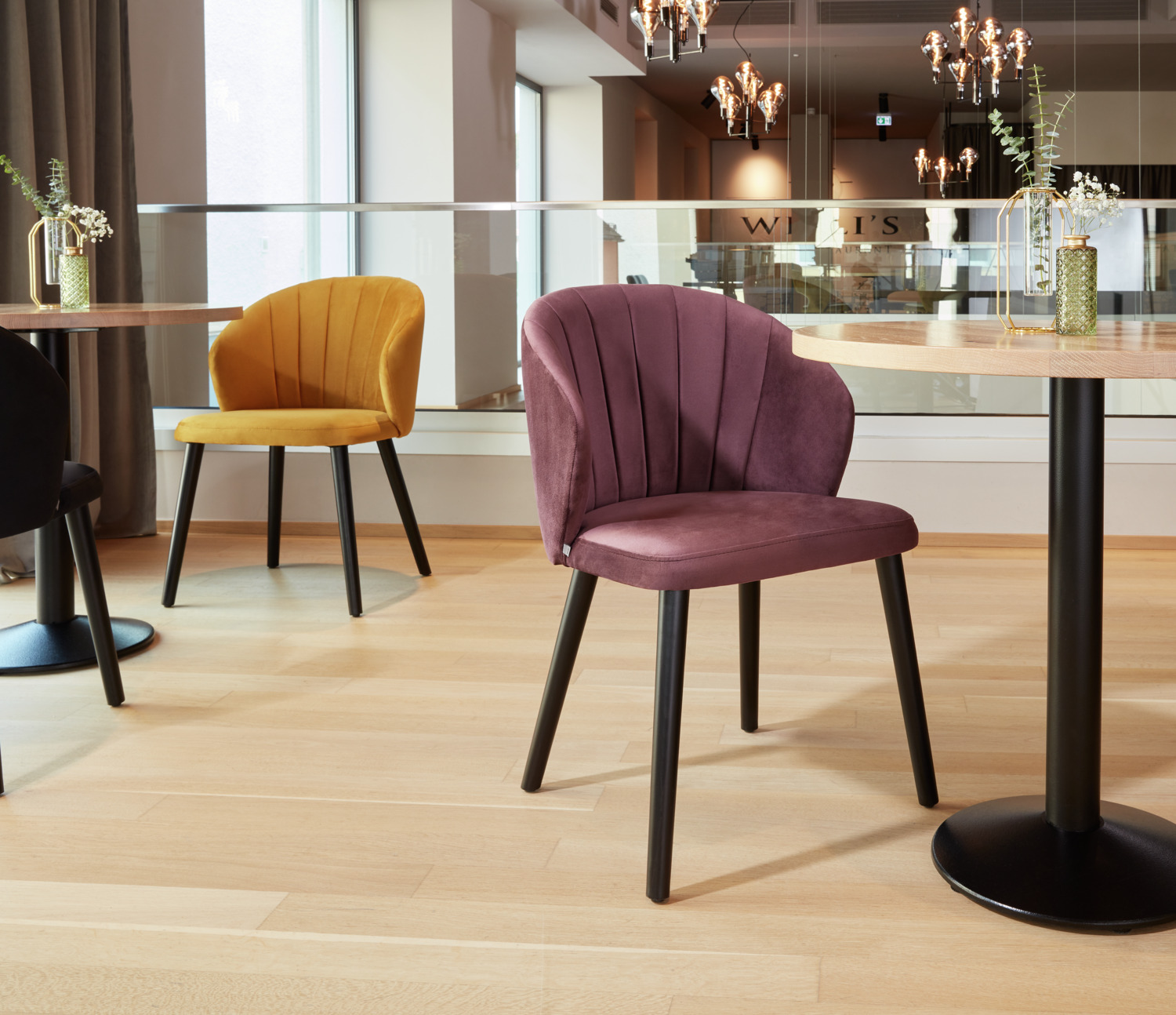 VEGA Ambrosia Upholstered Chair, Violet Velvet Fabric, Black Beech Wood Legs, Pipe Quilting, 54x59x82 cm, Fire Retardant