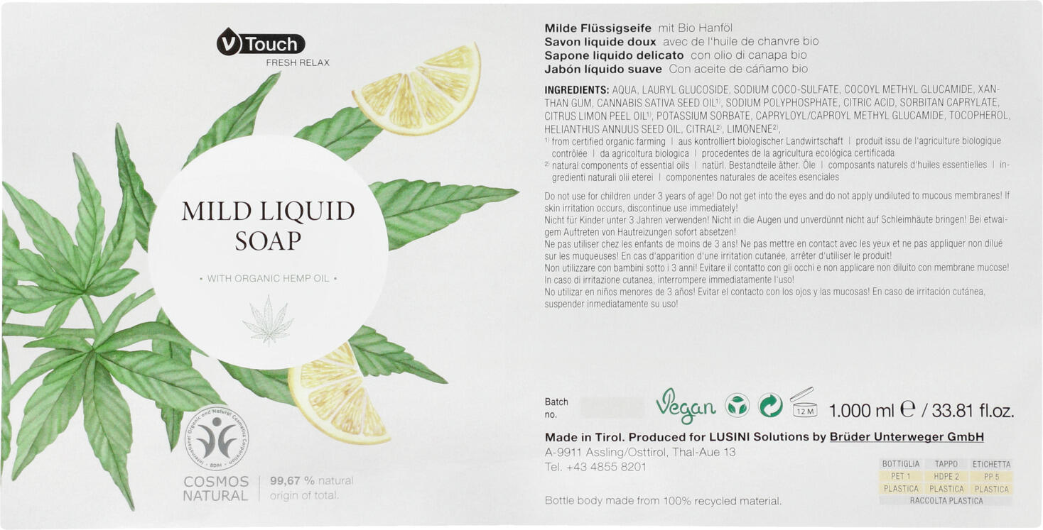V-Touch Fresh Relax Mild Liquid Soap with Organic Hemp and Lemon Oil, COSMOS Natural, Vegan, pH-neutral, 240 ml, Set of 6 pieces
