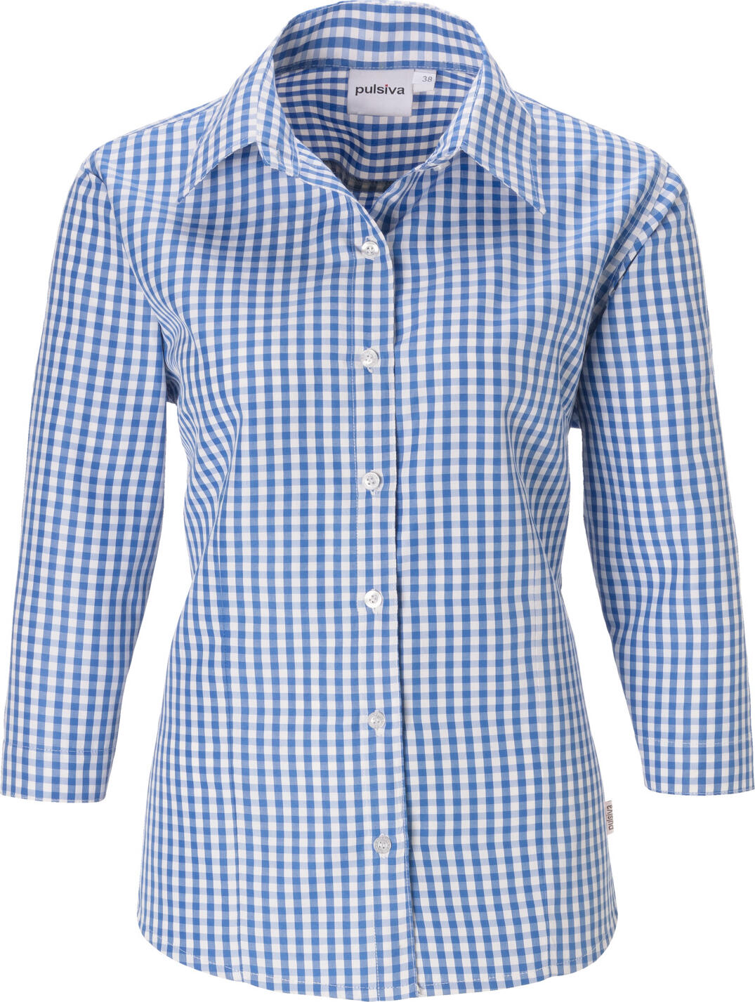 PULSIVA LUSINI Solutions GmbH Women's blouse Marie three-quarter sleeve Damen Bluse Marie Dreiviertelarm Women's blouse Marie three-quarter sleeve; Size 42; blue/white Damen Bluse Marie Dreiviertelarm; Kleidergröße 42; blau/weiß 65 % polyester, 35 % cotton. 60 °C wash. Easy-care women's blouse in checked design with three-quarter sleeves. Also available in long sleeve. Slightly tailored cut. Back length: 64 cm for size 36. 65 % Polyester, 35 % Baumwolle. 60°-Wäsche. Pflegeleichte Damenbluse im Karodessin mit Dreiviertelarm. Auch in Langarm erhältlich. Leicht taillierter Schnitt. Rückenlänge: 64 cm in Gr 36