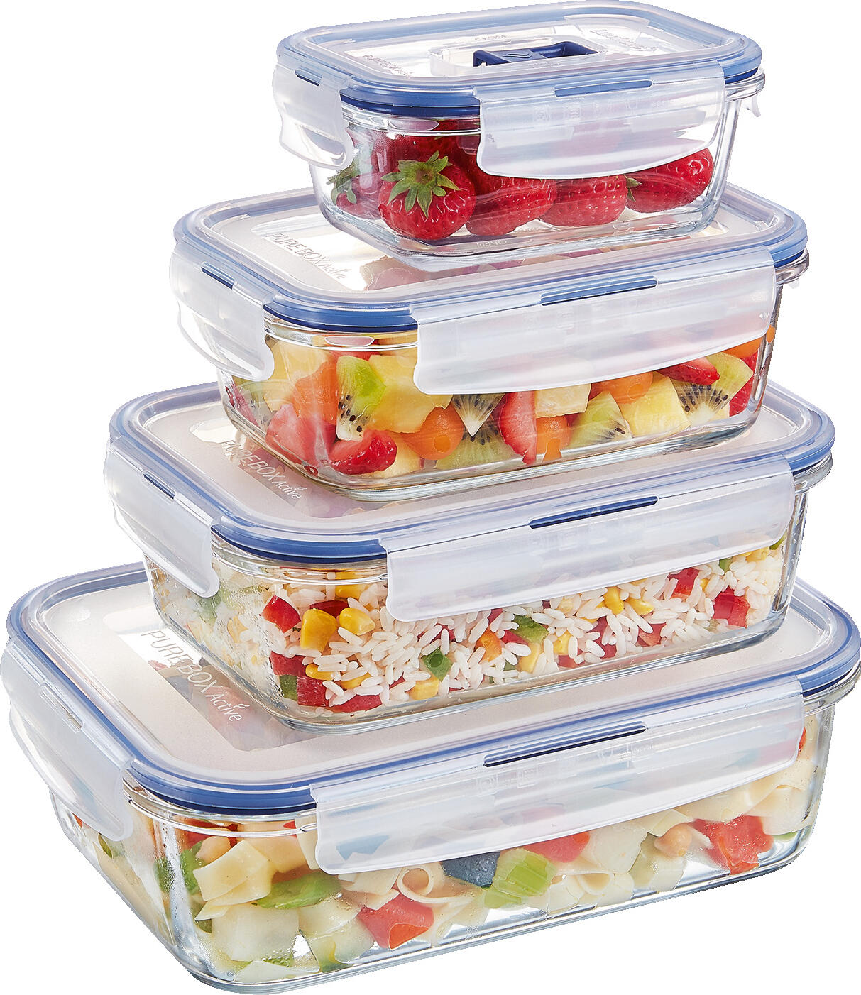 Luminarc Pure Box Active Rectangular Tempered Glass Food Containers Set of 6, 1220ml, Airtight Lids with Ventilation Valve, Microwave and Dishwasher Safe