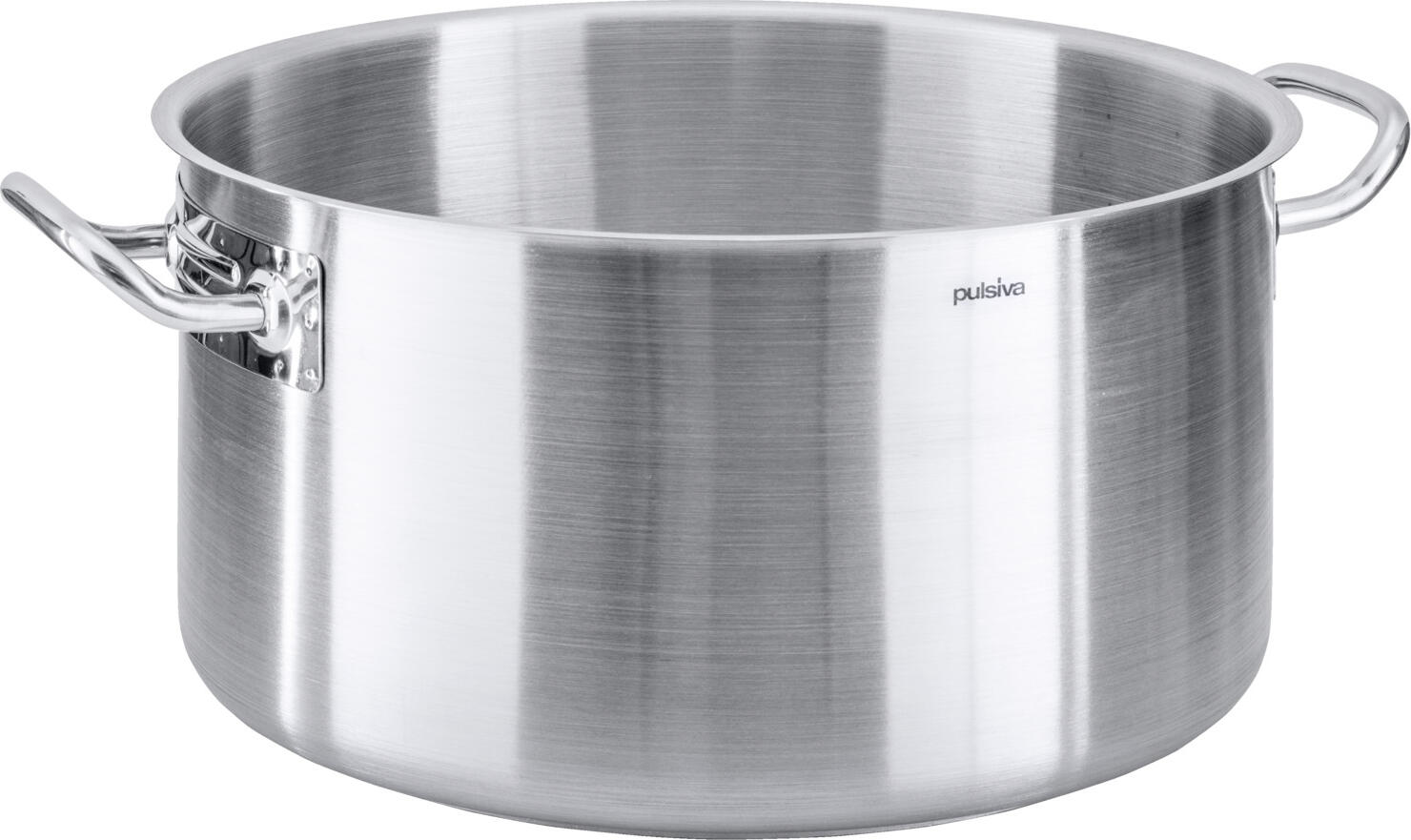PULSIVA LUSINI Solutions GmbH Roasting pan Chef Bratentopf Chef Roasting pan Chef; 18.3 l, 36x19.5 cm (ØxH); silver Bratentopf Chef; 18.3 l, 36x19.5 cm (ØxH); silber Cooking pot made of chrome-nickel stainless steel 18/0, rustproof, matt brushed. Extra strong design. Strong stainless steel base in sandwich technique, with 6 mm aluminium core. Spot-welded, solid handles. With pouring rim. Available in different sizes. Suitable for all hob types. Supplied without lid. Kochtopf aus Chrom-Nickel-Edelstahl 18/0, rostfrei, matt gebürstet. Extra starke Ausführung. Starker Edelstahlboden in Sandwich-Technik, mit 6 mm Aluminiumkern. Punktgeschweißte, massive Griffe. Mit Schüttrand. In unterschiedlichen Größen erhältlich. Geeignet für alle Herdarten. Lieferung ohne Deckel.