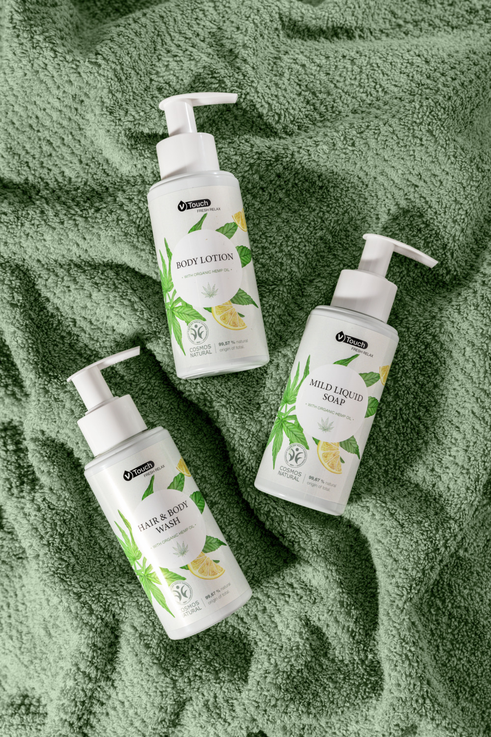 Sapun lichid bland V-Touch Fresh Relax cu ulei de canapia organic si ulei de lămâie, certificat COSMOS Natural, Vegan, 140 ml, Set de 6 piese