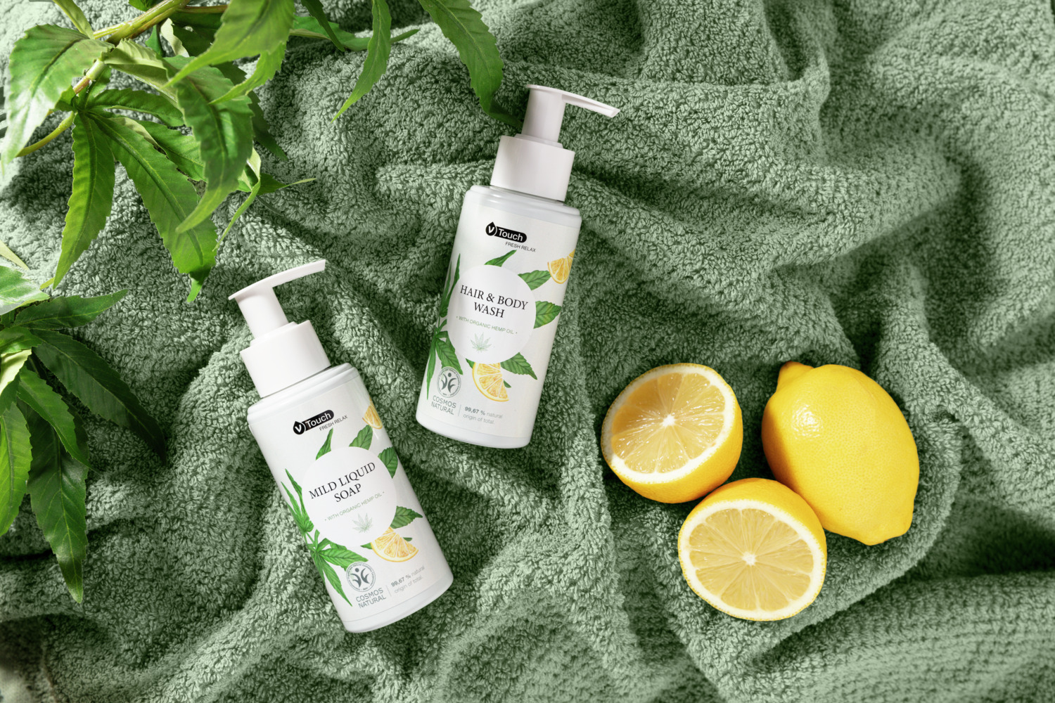 Sapun lichid bland V-Touch Fresh Relax cu ulei de canapia organic si ulei de lămâie, certificat COSMOS Natural, Vegan, 140 ml, Set de 6 piese