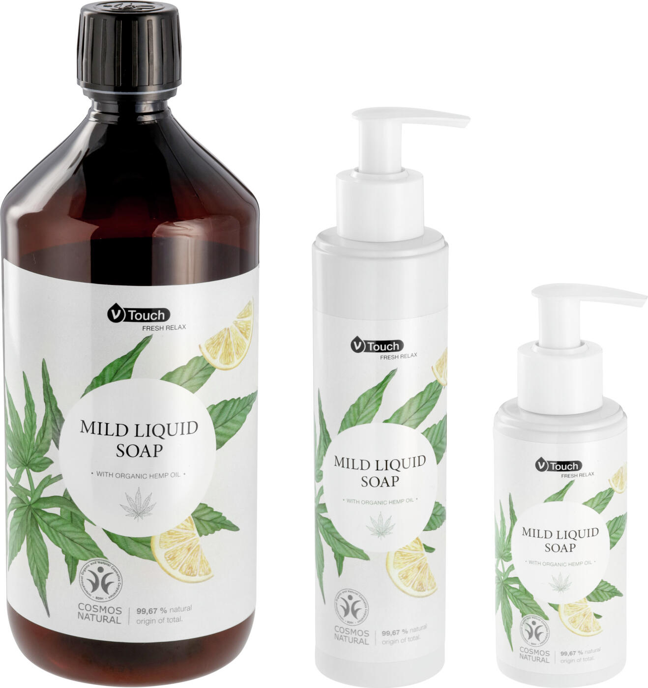Sapun lichid bland V-Touch Fresh Relax cu ulei de canapia organic si ulei de lămâie, certificat COSMOS Natural, Vegan, 140 ml, Set de 6 piese