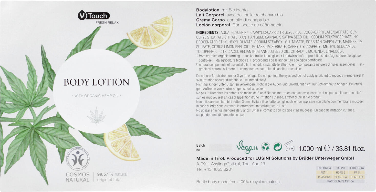 Lotiune de Corp V-Touch Fresh Relax cu Ulei de Canapi Organic si Lamaie, Hidratare Vegan COSMOS Natural pentru Toate Tipurile de Piele, 1000 ml