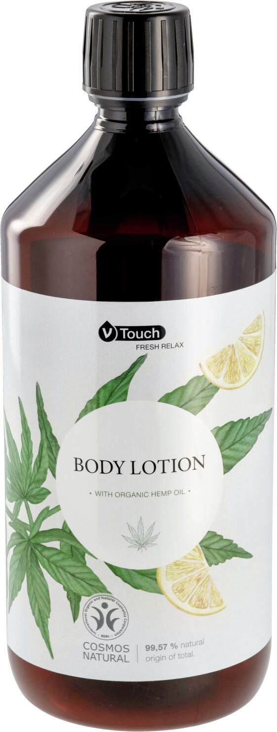 V-Touch LUSINI Solutions GmbH Hotel body lotion Fresh Relax refill bottle Hotel Bodylotion Fresh Relax Nachfüllflasche Hotel body lotion Fresh Relax refill bottle; 1000 ml; cream white; 6 piece / pack Hotel Bodylotion Fresh Relax Nachfüllflasche; 1000 ml; cremeweiß; 6 Stück / Pack Moisturising and quickly absorbed body lotion V-Touch Fresh Relax. Certified natural cosmetics with guaranteed genuine hemp oil and a hint of lemon oil for a fresh fragrance. The special composition of hemp oil (Cannabis sativa) with many polyunsaturated fatty acids intensively nourishes the skin. Hemp soothes the skin, provides it with valuable nutrients and creates a pleasant feeling of well-being. Intensively cares for dry and stressed skin and creates a pleasant skin feeling. Suitable for all skin types.  Dermatologically tested and pH-neutral! The refill bottle is made from 100% recycled material. Contents: 1000 ml with screw cap. Your own label from 200 pieces Do not use for children under 3 years! Do not get in eyes and do not apply undiluted to mucous membranes! Discontinue use immediately if skin irritation occurs! Rückfettende und schnell einziehende Körperlotion V-Touch Fresh Relax. Zertifizierte Naturkosmetik mit garantiert echtem Hanföl und  ein Hauch Zitronenöl, dies sorgt für eine frische Duftnote. Die besondere Zusammensetzung des Hanföls (Cannabis sativa) mit vielen mehrfach ungesättigten Fettsäuren pflegt die Haut intensiv. Hanf beruhigt die Haut, versorgt sie mit wertvollen Nährstoffen und schafft ein angenehmes Wohlgefühl. Pflegt trockene und strapazierte Haut intensiv und schafft ein angenehmes Hautgefühl. Für jeden Hauttyp geeignet.  Dermatologisch getestet und pH-neutral! Die Nachfüllflache aus 100 % recyceltem Material. Inhalt: 1000 ml mit Schraubverschluss. Ihr eigenes Etikett schon ab 200 Stück Nicht für Kinder unter 3 Jahren verwenden! Nicht in die Augen und unverdünnt nicht auf Schleimhäute bringen! Bei etwaigem Auftreten von Hautreizungen sofort absetzen!