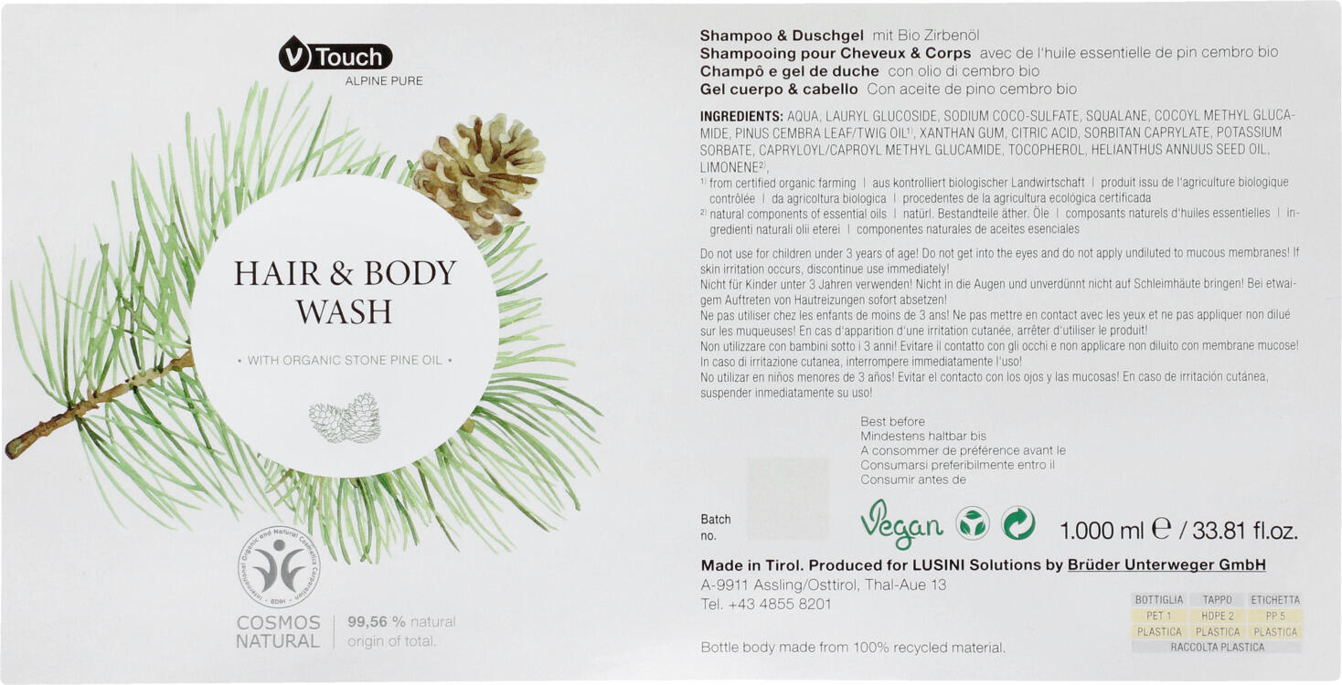 V-Touch Alpine Pure Gel de Dus si Sampon 2-in-1, 240 ml, cu Ulei Organic de Pin Cematic Elvetian, Certificat COSMOS NATURAL, pH Neutru, Pompa