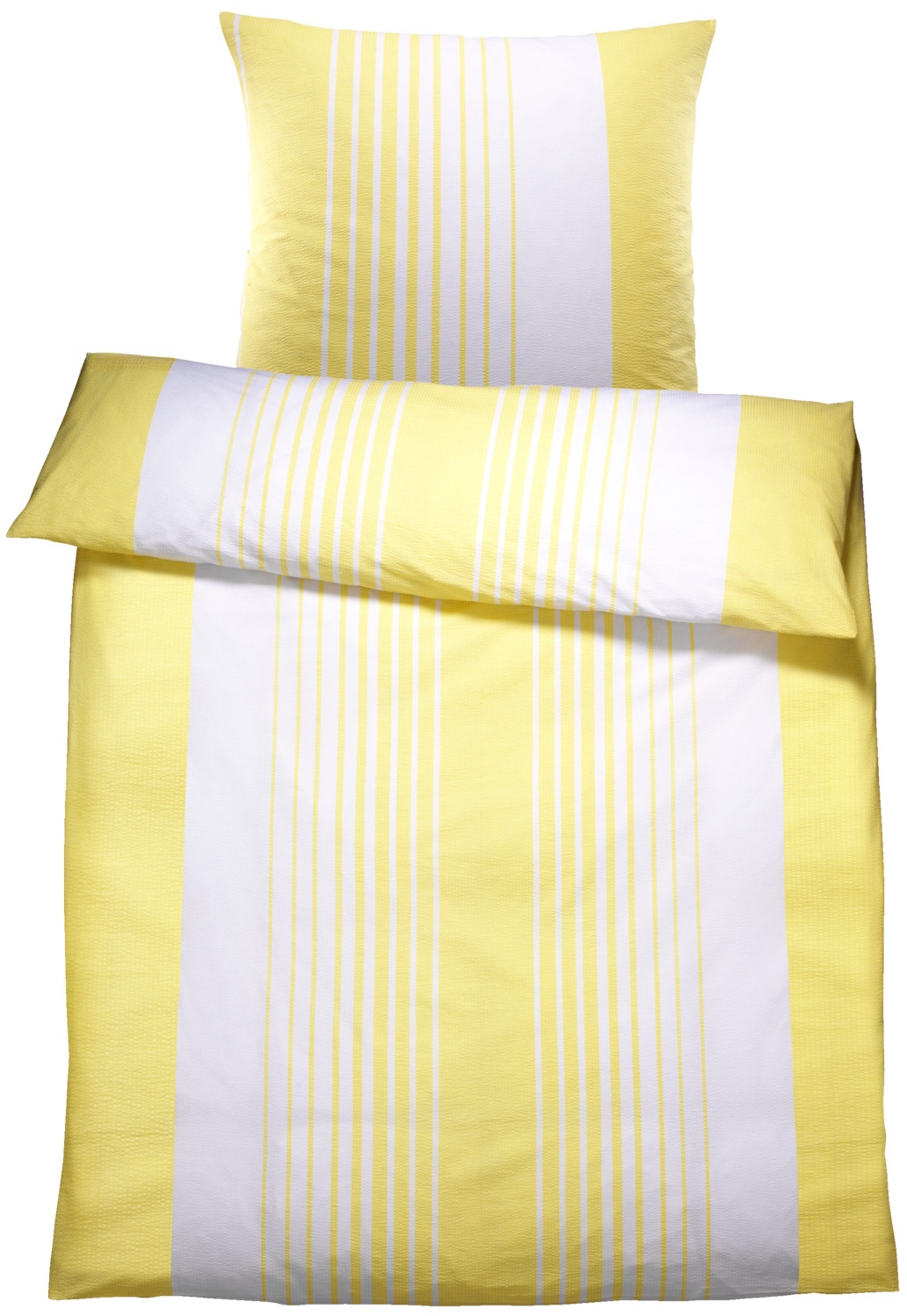 PULSIVA LUSINI Solutions GmbH Bedding set Memphis seersucker Bettwäsche-Sets Memphis Seersucker Bedding set Memphis seersucker; 135x200 cm (WxL), 80x80 cm (LxW); yellow/white; 2 set / pack Bettwäsche-Sets Memphis Seersucker; 135x200 cm (BxL), 80x80 cm (LxB); gelb/weiß; 2 Set(s) / Pack "100 % cotton. Weight approx. 120 g/m². The Memphis seersucker bed linen set made of 100% cotton is a practical solution for businesses in the hotel, catering and communal catering sectors that rely on easy-care and pleasantly light textiles. Each set includes two duvet covers and two pillowcases, making it ideal for rooms with double occupancy or two beds as standard. The narrow, chemically produced seersucker stripes create a textured surface that ensures good air circulation and supports a balanced sleeping climate. With a weight of approx. 120 g/m², the bed linen is particularly light and pleasant to handle. Compared to smooth cotton fabrics, the seersucker structure has the advantage that it retains a neat surface appearance even without ironing - a plus point for businesses with clear time constraints in housekeeping. The range reaches its final size after the first wash and remains dimensionally stable and durable in daily use thanks to the 144 TC thread density. The hotel fastener enables the beds to be covered quickly and securely and supports efficient work processes. The discreet stripe pattern of the Memphis range can be flexibly integrated into different room designs and conveys a clear, calm room effect. In addition to the sets, individual pillow sizes and separate duvet covers are available so that textile furnishings can be combined or extended as required. Important features at a glance * Set with 2 duvet covers + 2 pillowcases * Seersucker made of 100% cotton, pleasantly light (approx. 120 g/m²) * Narrow, chemically produced seersucker stripes for good air circulation * 144 TC thread density, retains its shape after the first wash * Hotel fastening for efficient and secure covering * Easy-care and can be used without ironing * Suitable for the hotel, catering and communal catering industries "100 % Baumwolle. Gewicht ca. 120 g/m². Das Seersucker Bettwäsche Set Memphis aus 100 % Baumwolle ist eine praktische Lösung für Betriebe in Hotellerie, Gastronomie und Gemeinschaftsverpflegung, die auf pflegeleichte und angenehm leichte Textilien setzen. Jedes Set umfasst zwei Bettbezüge und zwei Kissenbezüge und eignet sich damit ideal für Zimmer, die standardmäßig mit Doppelbelegung oder zwei Schlafplätzen ausgestattet werden. Durch die schmalen, chemisch erzeugten Seersucker Streifen entsteht eine strukturierte Oberfläche, die für eine gute Luftzirkulation sorgt und ein ausgeglichenes Schlafklima unterstützt. Mit einem Gewicht von ca. 120 g/m² ist die Bettwäsche besonders leicht und angenehm in der Handhabung. Die Seersucker Struktur bietet im Vergleich zu glatten Baumwollgeweben den Vorteil, dass sie auch ohne Bügeln ein ordentliches Oberflächenbild beibehält – ein Pluspunkt für Betriebe mit klaren Zeitvorgaben im Housekeeping. Die Serie erreicht ihre endgültige Größe nach der ersten Wäsche und bleibt dank der 144 TC Fadendichte formstabil und langlebig im täglichen Einsatz. Der Hotelverschluss ermöglicht ein schnelles und sicheres Beziehen der Betten und unterstützt effiziente Arbeitsabläufe. Das dezente Streifenbild der Serie Memphis lässt sich flexibel in unterschiedliche Zimmerdesigns integrieren und vermittelt eine klare, ruhige Raumwirkung. Zusätzlich zu den Sets stehen einzelne Kissengrößen sowie separate Bettbezüge zur Verfügung, sodass textile Ausstattungen bedarfsgerecht kombiniert oder erweitert werden können. Wichtige Merkmale auf einen Blick * Set mit 2 Bettbezügen + 2 Kissenbezügen * Seersucker aus 100 % Baumwolle, angenehm leicht (ca. 120 g/m²) * Schmale, chemisch erzeugte Seersucker Streifen für gute Luftzirkulation * 144 TC Fadendichte, formstabil nach der ersten Wäsche * Hotelverschluss für effizientes und sicheres Beziehen * Pflegefreundlich und ohne Bügeln einsetzbar * Für Hotellerie, Gastronomie & Gemeinschaftsverpflegung geeignet