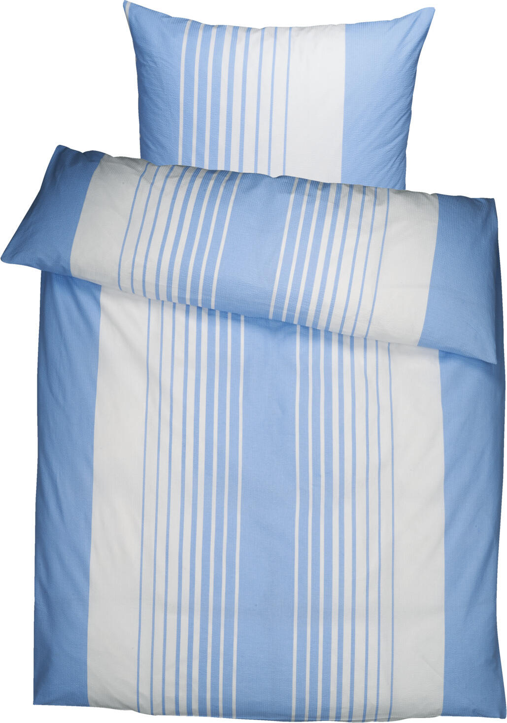 PULSIVA LUSINI Solutions GmbH Bedding set Memphis seersucker Bettwäsche-Sets Memphis Seersucker Bedding set Memphis seersucker; 135x200 cm (WxL), 80x80 cm (LxW); blue/white; 2 set / pack Bettwäsche-Sets Memphis Seersucker; 135x200 cm (BxL), 80x80 cm (LxB); blau/weiß; 2 Set(s) / Pack "100 % cotton. Weight approx. 120 g/m². The Memphis seersucker bed linen set made of 100% cotton is a practical solution for businesses in the hotel, catering and communal catering sectors that rely on easy-care and pleasantly light textiles. Each set includes two duvet covers and two pillowcases, making it ideal for rooms with double occupancy or two beds as standard. The narrow, chemically produced seersucker stripes create a textured surface that ensures good air circulation and supports a balanced sleeping climate. With a weight of approx. 120 g/m², the bed linen is particularly light and pleasant to handle. Compared to smooth cotton fabrics, the seersucker structure has the advantage that it retains a neat surface appearance even without ironing - a plus point for businesses with clear time constraints in housekeeping. The range reaches its final size after the first wash and remains dimensionally stable and durable in daily use thanks to the 144 TC thread density. The hotel fastener enables the beds to be covered quickly and securely and supports efficient work processes. The discreet stripe pattern of the Memphis range can be flexibly integrated into different room designs and conveys a clear, calm room effect. In addition to the sets, individual pillow sizes and separate duvet covers are available so that textile furnishings can be combined or extended as required. Important features at a glance * Set with 2 duvet covers + 2 pillowcases * Seersucker made of 100% cotton, pleasantly light (approx. 120 g/m²) * Narrow, chemically produced seersucker stripes for good air circulation * 144 TC thread density, retains its shape after the first wash * Hotel fastening for efficient and secure covering * Easy-care and can be used without ironing * Suitable for the hotel, catering and communal catering industries "100 % Baumwolle. Gewicht ca. 120 g/m². Das Seersucker Bettwäsche Set Memphis aus 100 % Baumwolle ist eine praktische Lösung für Betriebe in Hotellerie, Gastronomie und Gemeinschaftsverpflegung, die auf pflegeleichte und angenehm leichte Textilien setzen. Jedes Set umfasst zwei Bettbezüge und zwei Kissenbezüge und eignet sich damit ideal für Zimmer, die standardmäßig mit Doppelbelegung oder zwei Schlafplätzen ausgestattet werden. Durch die schmalen, chemisch erzeugten Seersucker Streifen entsteht eine strukturierte Oberfläche, die für eine gute Luftzirkulation sorgt und ein ausgeglichenes Schlafklima unterstützt. Mit einem Gewicht von ca. 120 g/m² ist die Bettwäsche besonders leicht und angenehm in der Handhabung. Die Seersucker Struktur bietet im Vergleich zu glatten Baumwollgeweben den Vorteil, dass sie auch ohne Bügeln ein ordentliches Oberflächenbild beibehält – ein Pluspunkt für Betriebe mit klaren Zeitvorgaben im Housekeeping. Die Serie erreicht ihre endgültige Größe nach der ersten Wäsche und bleibt dank der 144 TC Fadendichte formstabil und langlebig im täglichen Einsatz. Der Hotelverschluss ermöglicht ein schnelles und sicheres Beziehen der Betten und unterstützt effiziente Arbeitsabläufe. Das dezente Streifenbild der Serie Memphis lässt sich flexibel in unterschiedliche Zimmerdesigns integrieren und vermittelt eine klare, ruhige Raumwirkung. Zusätzlich zu den Sets stehen einzelne Kissengrößen sowie separate Bettbezüge zur Verfügung, sodass textile Ausstattungen bedarfsgerecht kombiniert oder erweitert werden können. Wichtige Merkmale auf einen Blick * Set mit 2 Bettbezügen + 2 Kissenbezügen * Seersucker aus 100 % Baumwolle, angenehm leicht (ca. 120 g/m²) * Schmale, chemisch erzeugte Seersucker Streifen für gute Luftzirkulation * 144 TC Fadendichte, formstabil nach der ersten Wäsche * Hotelverschluss für effizientes und sicheres Beziehen * Pflegefreundlich und ohne Bügeln einsetzbar * Für Hotellerie, Gastronomie & Gemeinschaftsverpflegung geeignet