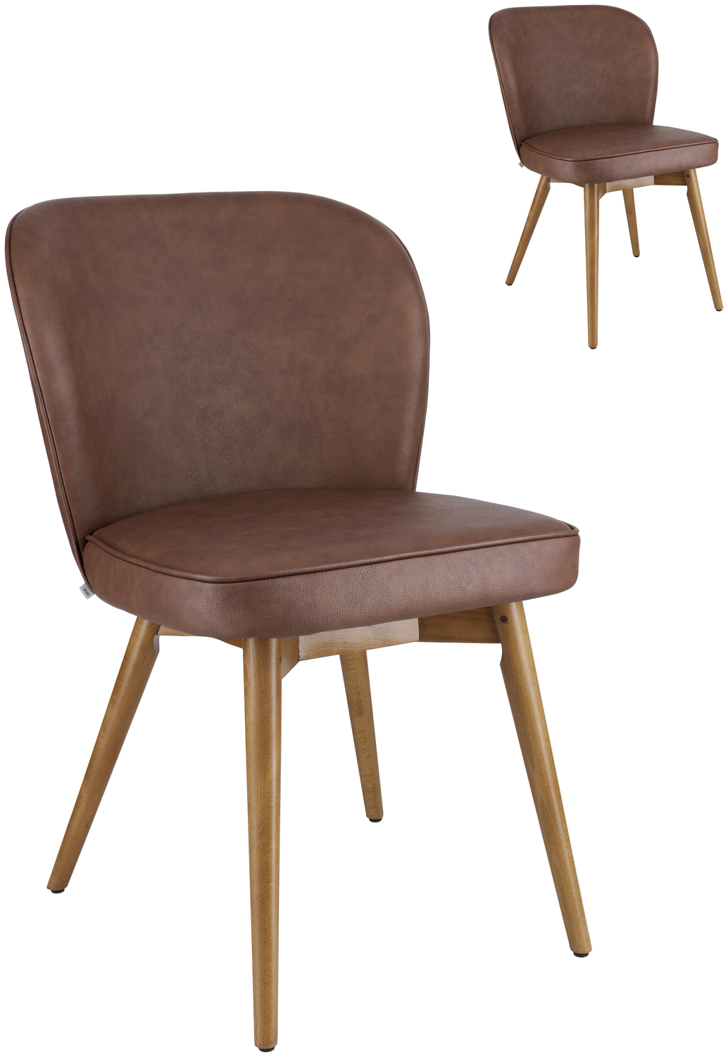 Set de 2 scaune tapitate VEGA Lian, cadru lemn fag masiv finisaj stejar, piele ecoretică maro ignifugă, 56x58x86 cm, pentru catering și conferințe
