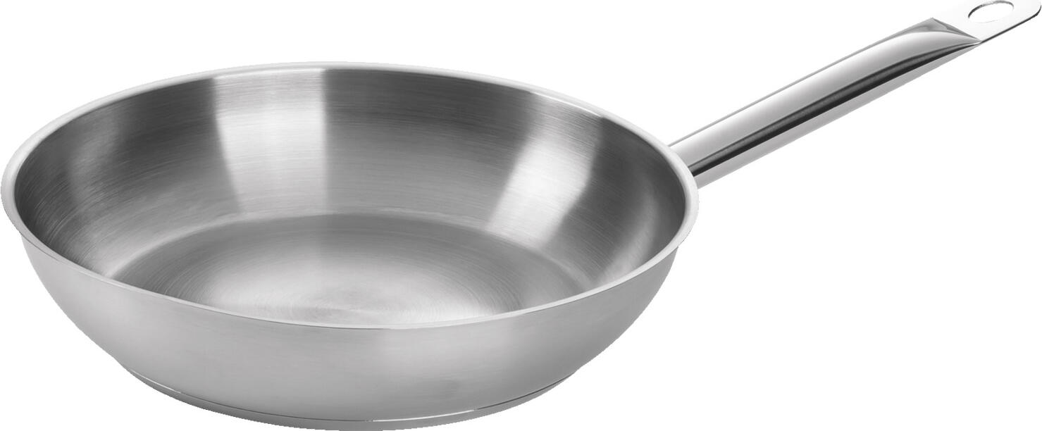 VEGA LUSINI Solutions GmbH Pan uncoated Pfanne unbeschichtet Pan uncoated; 24x5.5 cm (ØxH); stainless steel; round Pfanne unbeschichtet; 24x5.5 cm (ØxH); edelstahl; rund Uncoated stainless steel pan made of matt brushed 18/10 stainless steel. Heavy quality, very robust. Energy-saving, encapsulated base with aluminum core for rapid, even heat distribution and good heat storage. Pouring rim allows safe, drip-free pouring. Stainless steel tube handle is stable, heat-insulating and rustproof. Ovenproof up to +300 °C. Suitable for all types of stoves. Suitable for dishwasher. Unbeschichtete Edelstahl-Pfanne aus matt gebürstetem Edelstahl 18/10. Schwere Qualität, sehr robust. Energiesparend, gekapselter Boden mit Aluminiumkern für zügige, gleichmäßige Wärmeverteilung und gute Wärmespeicherung. Schüttrand ermöglicht sicheres, tropffreies Ausgießen. Edelstahlrohrgriff ist stabil, wärmeisolierend und rostfrei. Bis 300 °C backofenfest. Für alle Herdarten geeignet. Spülmaschinengeeignet.