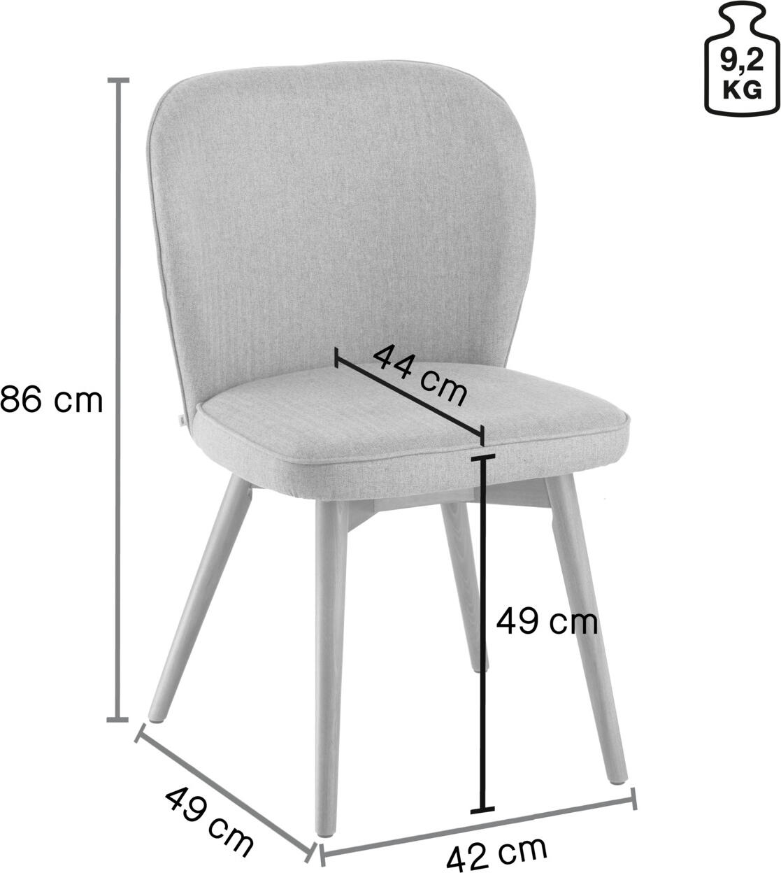 VEGA Lian Upholstered Chair Set of 2, Light-Grey Polyester Fabric, Solid Beech Oak-Finish Legs, Fire-Retardant, 56x58x86 cm