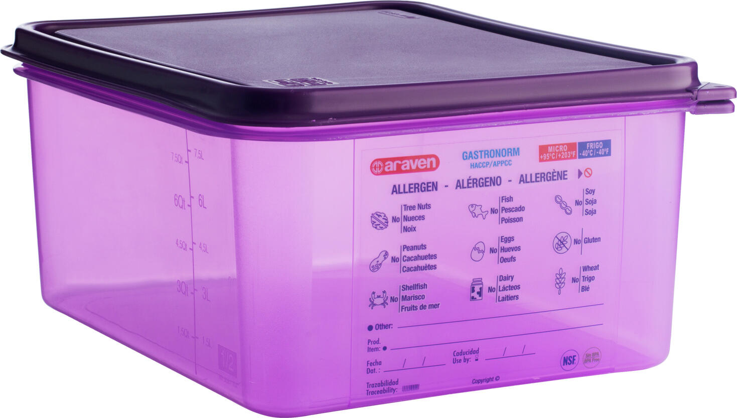 Araven Araven Food Safety innovation GN food container GN-Lebensmittelbehälter GN food container; size GN 1/2, 10 l, 32.5x26.5x15 cm (LxWxD); violet GN-Lebensmittelbehälter; Größe GN 1/2, 10 l, 32.5x26.5x15 cm (LxBxT); violett GN container made of polypropylene with lid. The purple color identifies and distinguishes food for customers with allergies or food intolerances from the other containers to separate and protect them from possible contamination by substances that can trigger an allergic reaction. Correct labeling prevents accidental ingestion of such food by this risk group. The special permanent label identifies the allergen on the airtight container so that the food is guaranteed to be safe for customers with food allergies or intolerances. Bisphenol A free. With scale and integrated label for labeling. Temperature-resistant from -40°C to +95°C, suitable for dishwasher safe. GN-Behälter aus Polypropylen mit Deckel. Die violette Farbe kennzeichnet und unterscheidet Lebensmittel für Kunden mit Allergien oder Lebensmittelunverträglichkeiten von den übrigen Behältern, um sie von einer möglichen Kontamination durch Substanzen, die eine allergische Reaktion auslösen können, zu trennen und zu schützen. Durch die korrekte Kennzeichnung wird eine versehentliche Aufnahme solcher Lebensmittel durch diese Risikogruppe vermieden. Das spezielle, dauerhafte Etikett kennzeichnet das Allergen auf dem luftdichten Behälter, so dass die Lebensmittel für Kunden mit Lebensmittelallergien oder -unverträglichkeiten garantiert haltbar sind. Bisphenol A Frei. Mit Skala und integriertem Label zum Beschriften. Temperaturbeständig von -40 °C bis +95 °C, spülmaschinengeeignet