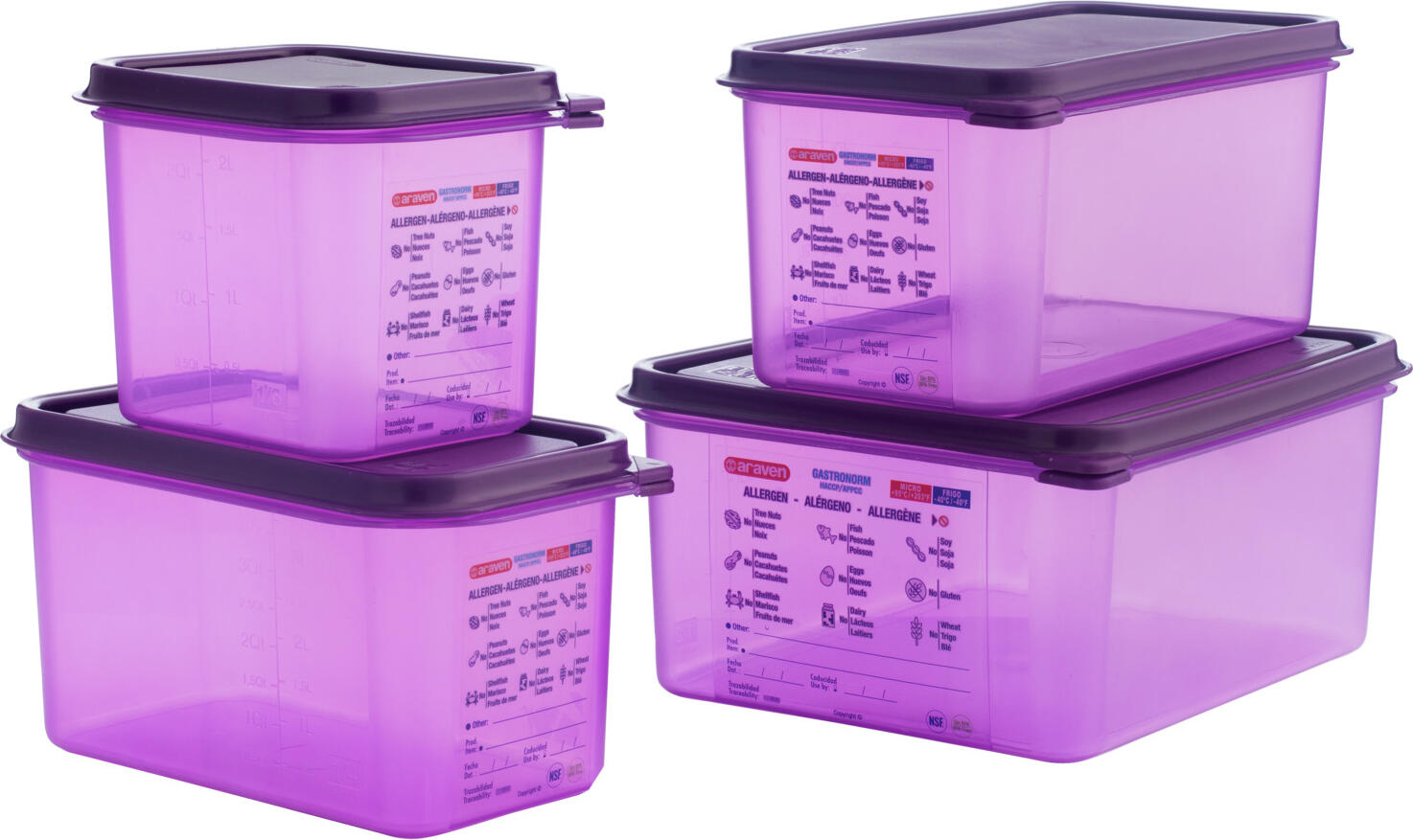 Containere alimentare GN 1/2 Araven cu capac etans, 10L Polipropilena pentru Alergeni, Violet, -40C pana la +95C, Certificare NSF HACCP, fara BPA