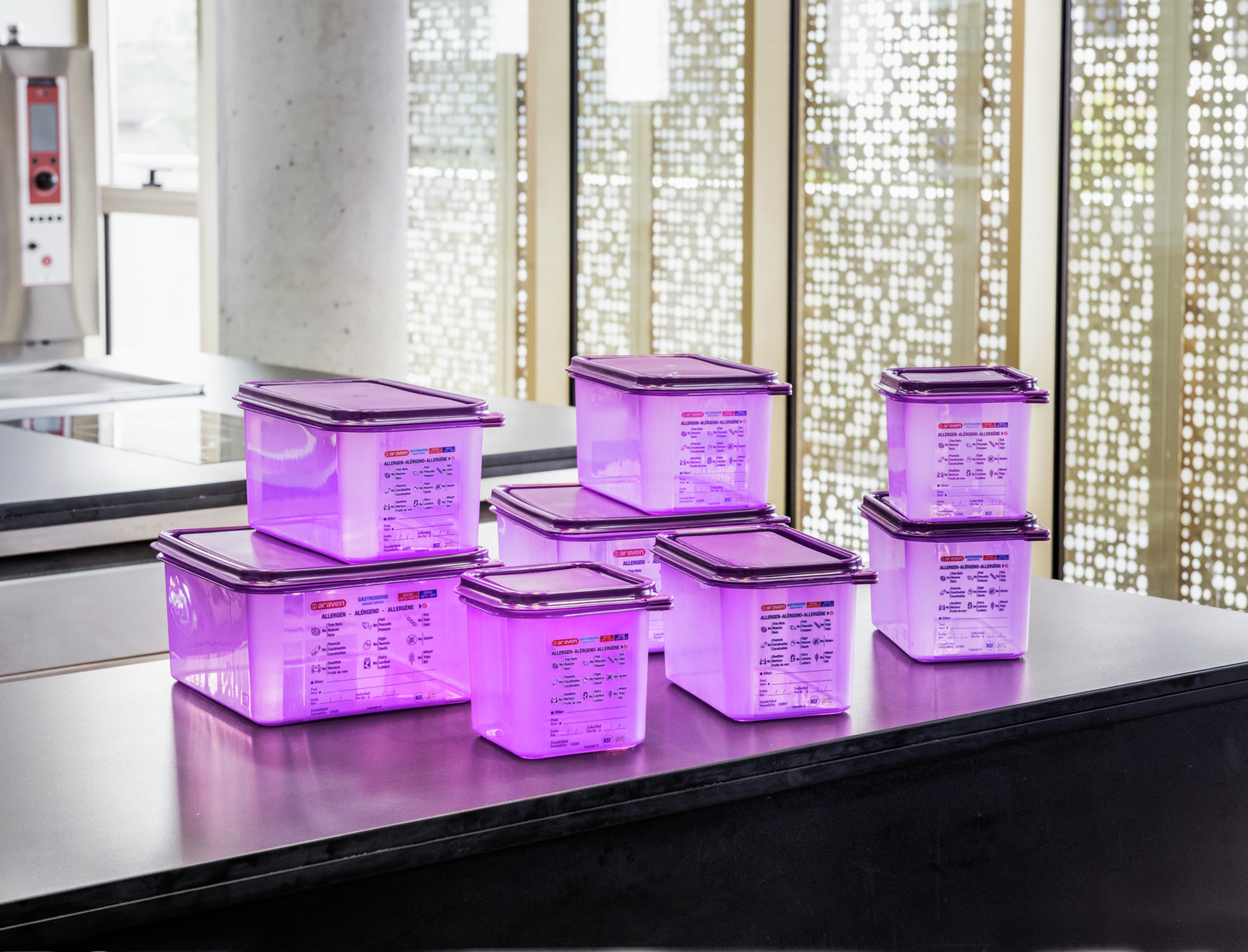 Araven Gastronorm GN Food Container, Violet, 20.5 L, ABS Plastic, BPA-Free, HACCP Traceability Label, Measuring Scale, -40 to +95 C, Dishwasher Safe