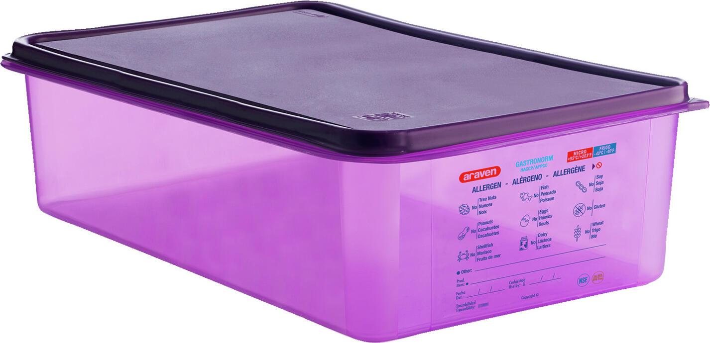 Araven Araven Food Safety innovation GN food container GN-Lebensmittelbehälter GN food container; size GN 1/1, 20.5 l, 53x32.5x15 cm (LxWxD); violet GN-Lebensmittelbehälter; Größe GN 1/1, 20.5 l, 53x32.5x15 cm (LxBxT); violett GN container made of polypropylene with lid. The purple color identifies and distinguishes food for customers with allergies or food intolerances from the other containers to separate and protect them from possible contamination by substances that can trigger an allergic reaction. Correct labeling prevents accidental ingestion of such food by this risk group. The special permanent label identifies the allergen on the airtight container so that the food is guaranteed to be safe for customers with food allergies or intolerances. Bisphenol A free. With scale and integrated label for labeling. Temperature-resistant from -40°C to +95°C, suitable for dishwasher safe. GN-Behälter aus Polypropylen mit Deckel. Die violette Farbe kennzeichnet und unterscheidet Lebensmittel für Kunden mit Allergien oder Lebensmittelunverträglichkeiten von den übrigen Behältern, um sie von einer möglichen Kontamination durch Substanzen, die eine allergische Reaktion auslösen können, zu trennen und zu schützen. Durch die korrekte Kennzeichnung wird eine versehentliche Aufnahme solcher Lebensmittel durch diese Risikogruppe vermieden. Das spezielle, dauerhafte Etikett kennzeichnet das Allergen auf dem luftdichten Behälter, so dass die Lebensmittel für Kunden mit Lebensmittelallergien oder -unverträglichkeiten garantiert haltbar sind. Bisphenol A Frei. Mit Skala und integriertem Label zum Beschriften. Temperaturbeständig von -40 °C bis +95 °C, spülmaschinengeeignet
