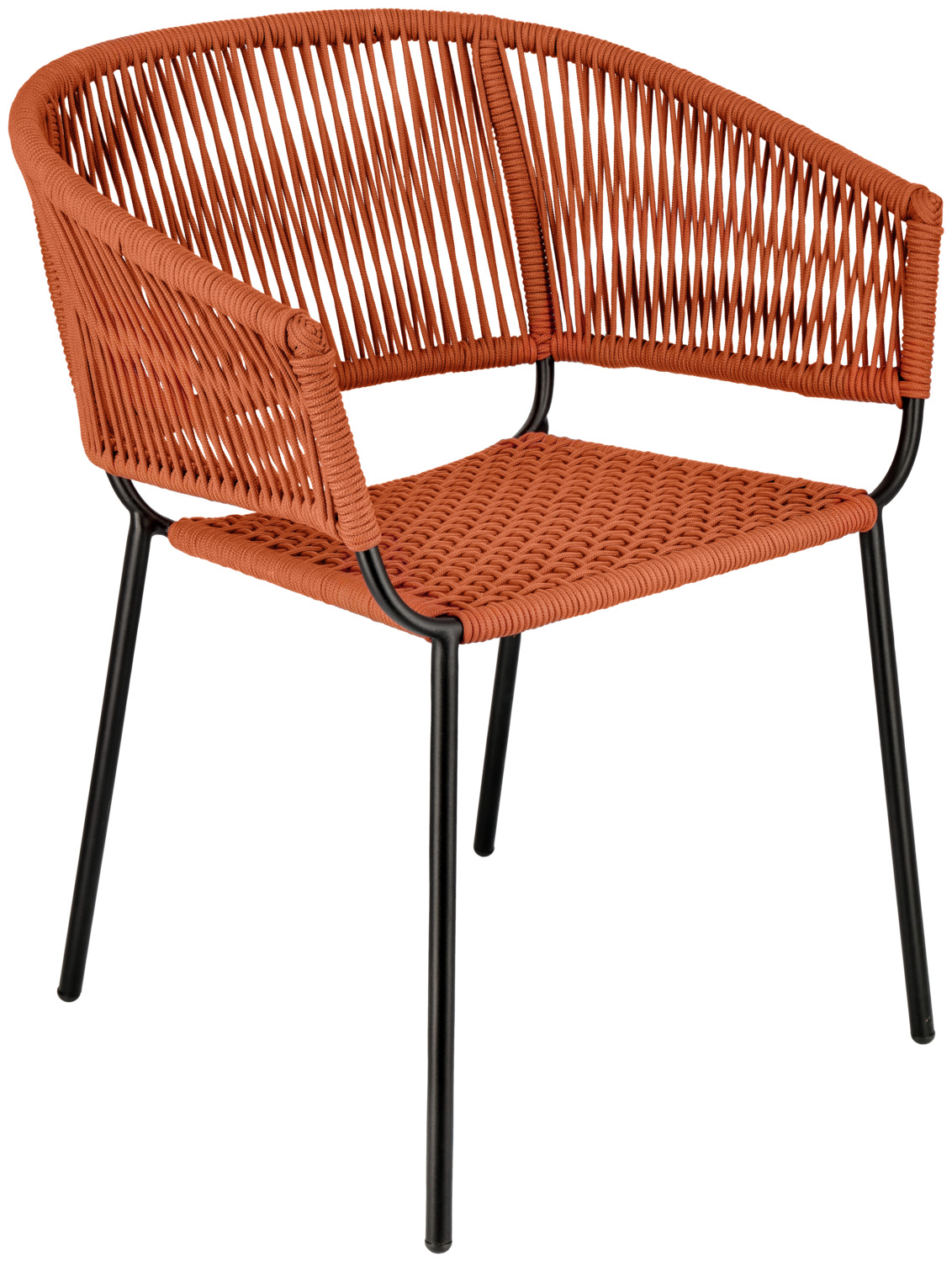 VEGA LUSINI Solutions GmbH Outdoor chair Samo Terrassenstuhl Samo Outdoor chair Samo; 62.5x56x79 cm (WxDxH); seat terracotta, base black; 2 piece / pack Terrassenstuhl Samo; 62.5x56x79 cm (BxTxH); Sitz terrakotta, Gestell schwarz; 2 Stück / Pack Modern outdoor chair with a galvanized and powder-coated steel frame. Rope wickerwork (98% polypropylene, 2% polyester yarn) on the seat and backrest. Includes plastic gliders that protect your floors. Weatherproof and UV-resistant. Stackable. Suitable for outdoor use. Delivered assembled. Moderner Outdoorstuhl mit Armlehnen aus verzinktem und pulverbeschichtetem Stahlgestell. Ropegeflecht (98 % Polypropylen, 2 % Polyestergarn) auf der Sitz- und Rückenfläche. Bodenschonende Kunststoffgleiter inklusive. Wetterfest und UV-beständig. Stapelbar. Für den Außenbereich geeignet. Lieferung erfolgt montiert.