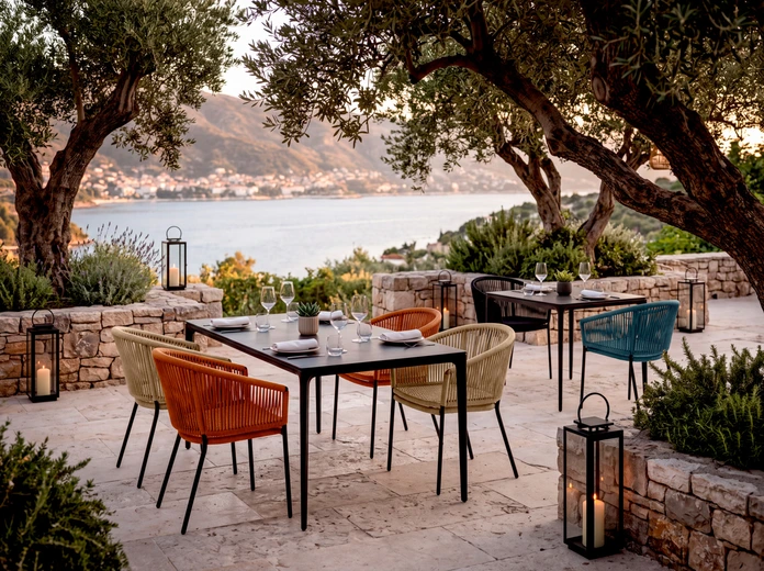 VEGA Samo Outdoor Chair Set of 2, Rope Wickerwork, Galvanized Steel Frame, Stackable, Weatherproof, Terracotta, 62.5x56x79 cm