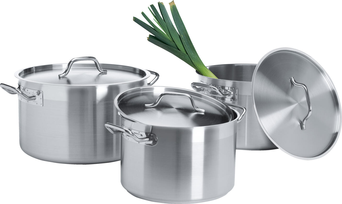 PULSIVA LUSINI Solutions GmbH Cookware set Chef 6-piece Kochtopf-Set Chef 6-teilig Cookware set Chef 6-piece; silver Kochtopf-Set Chef 6-teilig; silber 6-piece set made of high-quality chrome-nickel stainless steel, rustproof, dishwasher-safe. With energy-storing sandwich base (base thickness: 5 mm) for excellent heat distribution. Practical pouring rim and spot-welded handles. Resistant to food acids and alkalis, high strength (material thickness: 0.8-1 mm), long service life. Suitable for all types of cookers. Set consisting of three pots of different sizes incl. matching lids. Handles are thermally insulated. Dimensions of the pots (ØxH): 11l: 28 x 18.5 cm 15l: 32 x 22 cm 20l: 36 x 25 cm 6-teiliges Set aus hochwertigem Chrom-Nickel-Edelstahl, rostfrei, spülmaschinengeeignet. Mit energiespeicherndem Sandwich-Boden (Bodenstärke: 5 mm) für eine exzellente Hitzeverteilung. Praktischer Schüttrand und punktgeschweißte Griffe. Resistent gegen Speisesäuren und Laugen, hohe Festigkeit (Materialstärke: 0,8–1 mm), lange Lebensdauer. Geeignet für alle Herdarten. Set bestehend aus drei unterschiedlich großen Töpfen inkl. passenden Deckeln. Griffe sind wärmeisoliert. Maße der Töpfe (ØxH): 11l: 28 x 18,5 cm 15l: 32 x 22 cm 20l: 36 x 25 cm