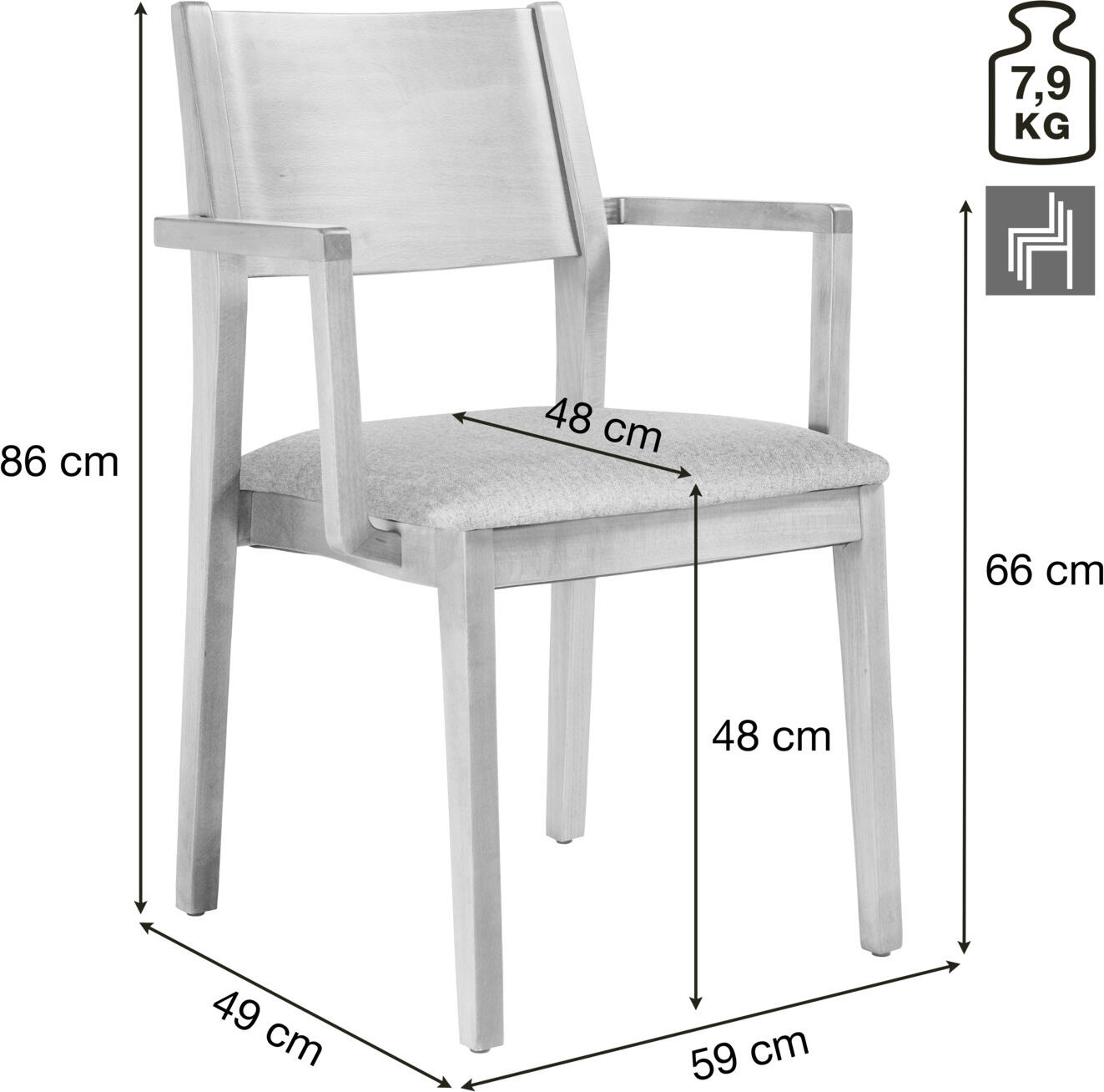 VEGA Stak Stacking Chair Set of 2, Beech Wood Frame, Light-Grey Fabric Upholstered Seat with Armrests, 48x51x86 cm, Indoor Use