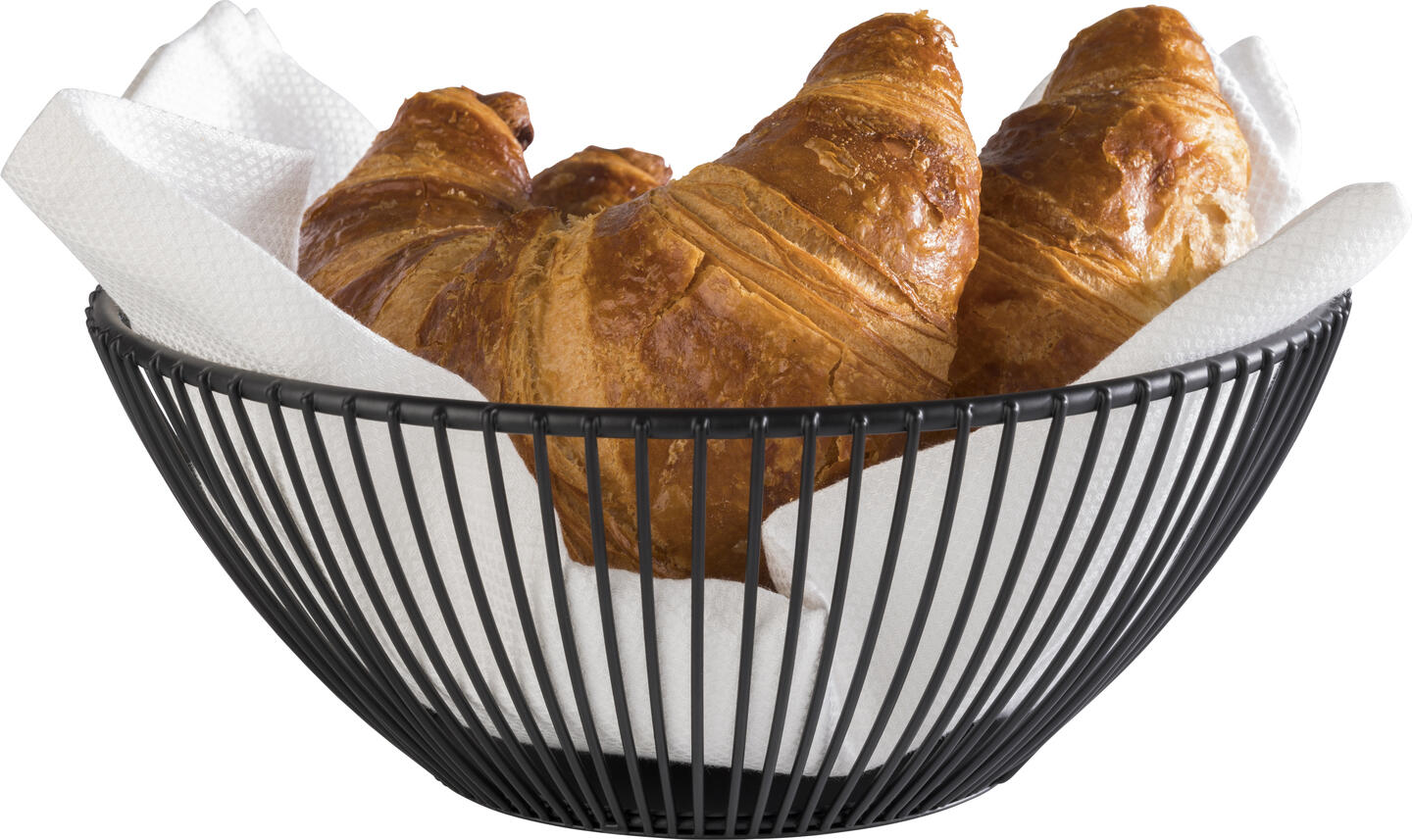 Cos de servire APS Svart, 20 x 8 cm, din metal negru, cadru din sarma pentru paine, patiserie si gustari, cos stivuibil pentru gastronomie