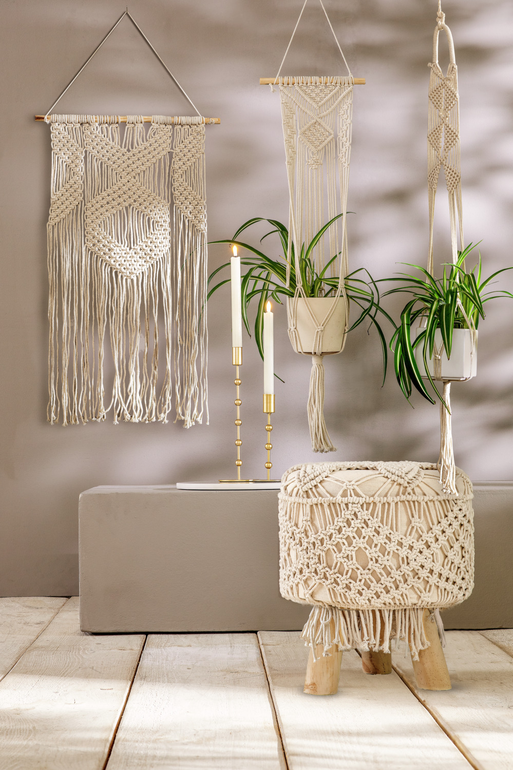 Coasac de plante suspendat Vega Kohana din macrame, bumbac, 90 cm, alb crem
