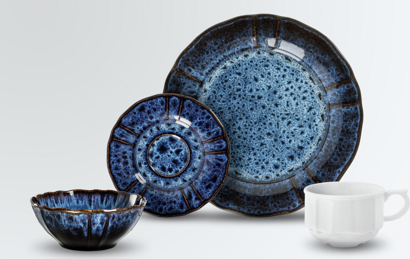 VEGA Amelina Deep Plates, Reactive Glaze Porcelain, Round with Discreet Relief and Decorative Edges, 23 cm, Blue, Set of 6