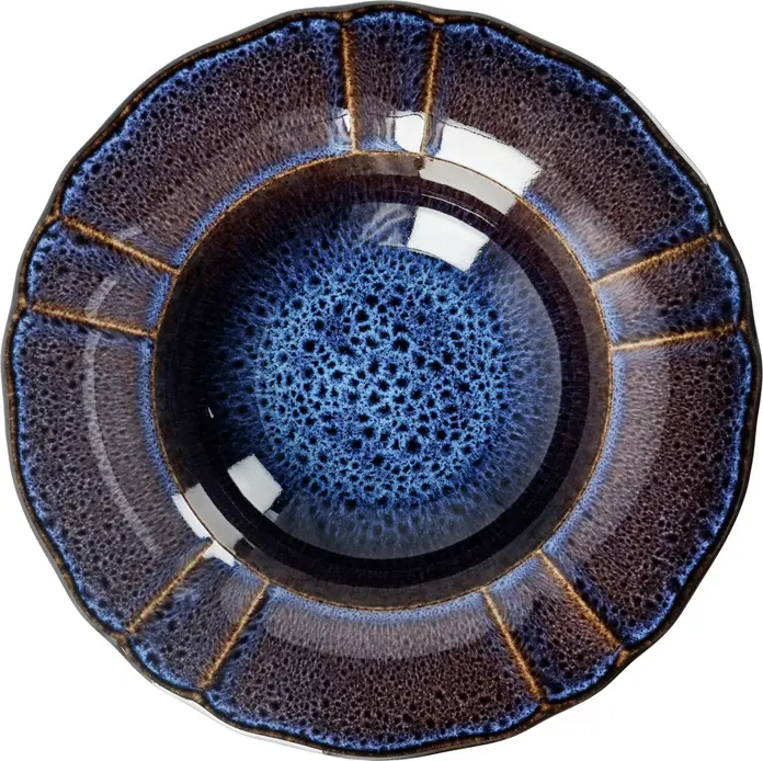 VEGA Amelina Deep Plates, Set of 4, Blue Porcelain, 27 cm Diameter, 500 ml Capacity, Reactive Glaze with Discreet Relief and Decorative Edges