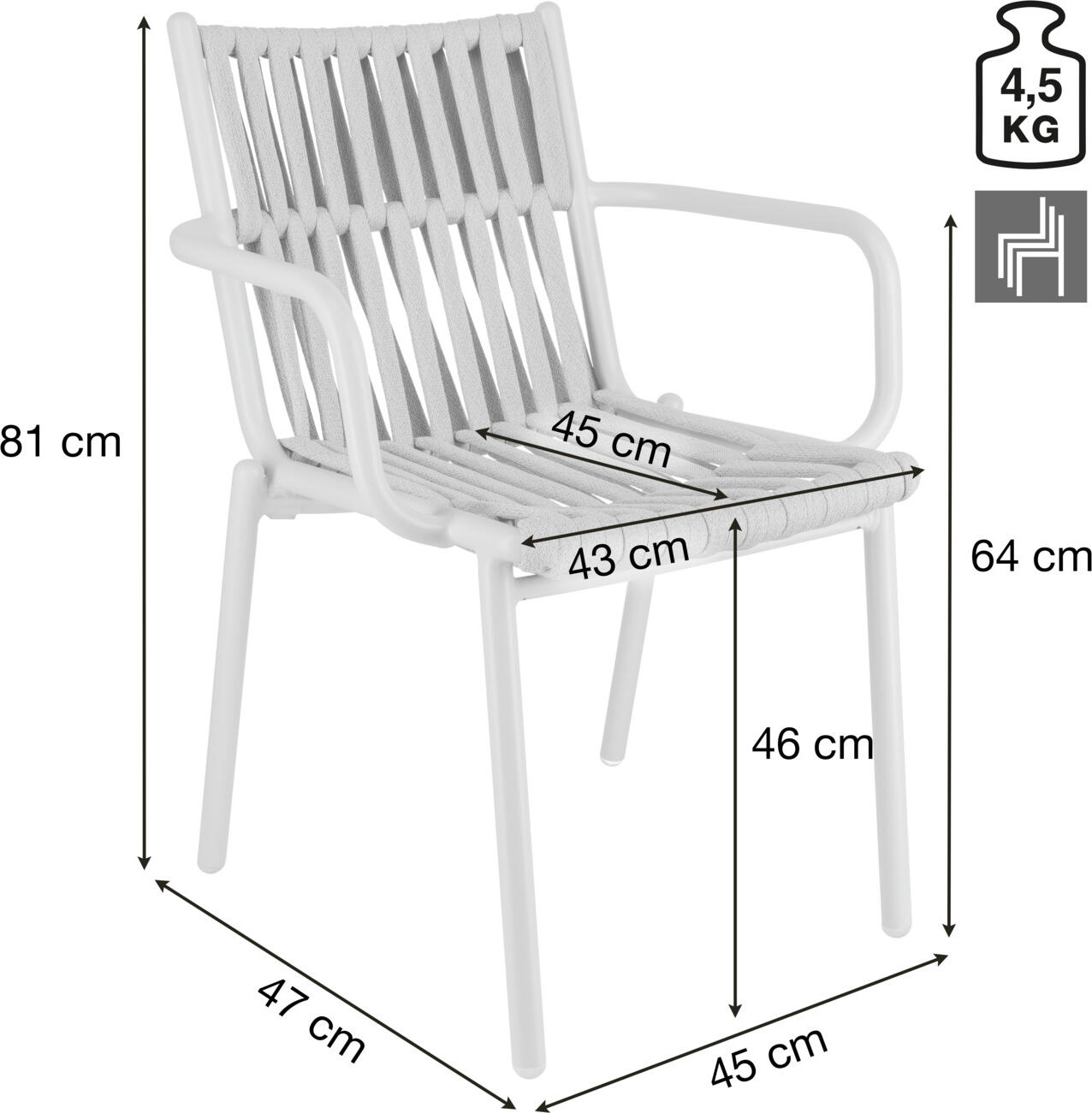 Set de 2 scaune profesionale de exterior VEGA Lumaro, cadru din aluminiu vopsit electrostatic, rachita din sfoara cu uscare rapida, stivuibile, 45x47x81 cm