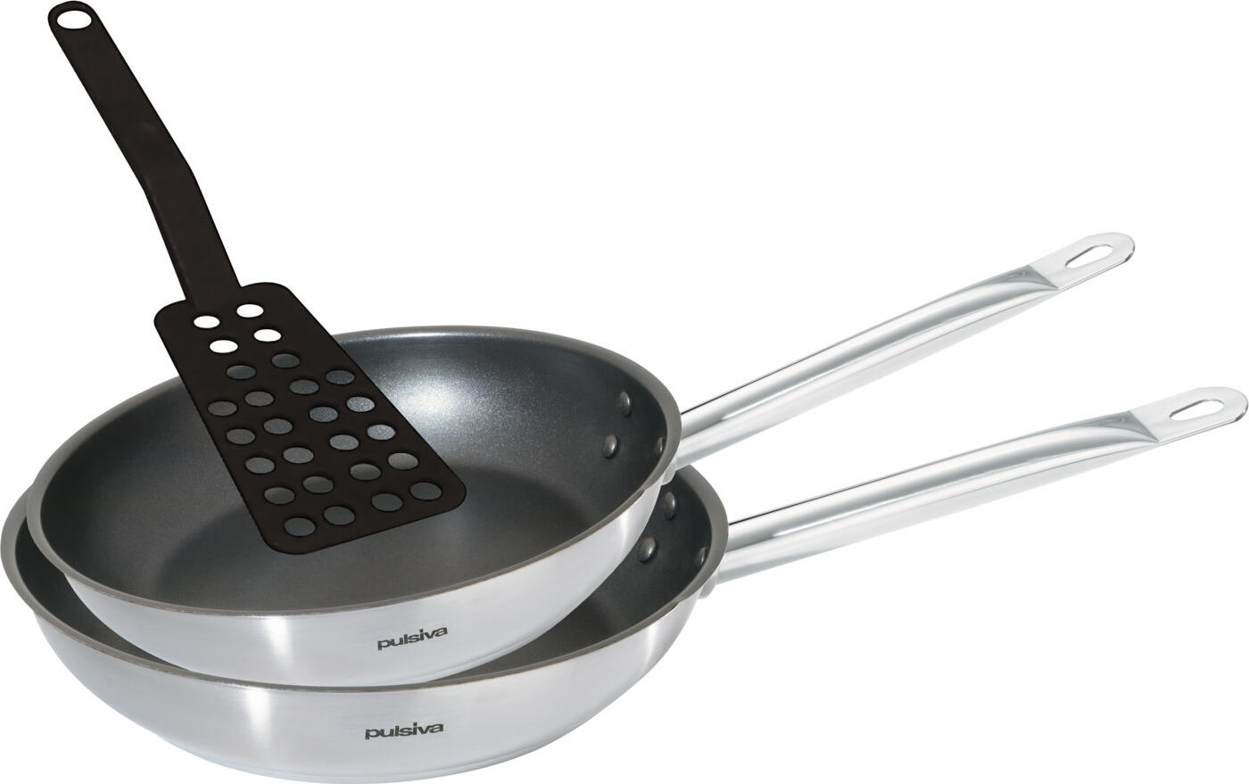 PULSIVA LUSINI Solutions GmbH Pan set Chef with spatula 3 pcs. Pfannen-Set Chef mit Pfannenwender 3-teilig Pan set Chef with spatula 3 pcs.; 24x5 cm (ØxH); silver/black Pfannen-Set Chef mit Pfannenwender 3-teilig; 24x5 cm (ØxH); silber/schwarz Two-piece Chef pan set, consisting of two matt brushed non-stick pans made of 18/0 chrome-nickel stainless steel with a diameter of 24 cm and 28 cm, including a spatula made of high-quality nylon. Strong stainless steel base in sandwich technology, with 6 mm aluminium core. Spot-welded, solid handle. Handles are thermally insulated. With high-quality non-stick coating. Suitable for all hob types. Non-stick coatings heat-resistant up to max. 220°C. Ideally suited for coated cookware. Dishwasher-safe. Zweiteiliges Pannen-Set Chef, bestehend aus zwei matt gebürsteten Antihaftpfannen aus Chrom-Nickel-Edelstahl 18/0, rostfrei, mit einem Durchmesser von 24 cm und 28 cm inklusive einem Pfannenwender aus hochwertigem Nylon. Starker Edelstahlboden in Sandwich-Technik, mit 6-mm-Aluminiumkern. Punktgeschweißter, massiver Griff. Griffe sind wärmeisoliert. Mit hochwertiger Antihaftbeschichtung. Geeignet für alle Herdarten. Antihaft-Beschichtungen hitzebeständig bis max. 220 °C. Optimal geeignet für beschichtetes Kochgeschirr. Spülmaschinengeeignet.