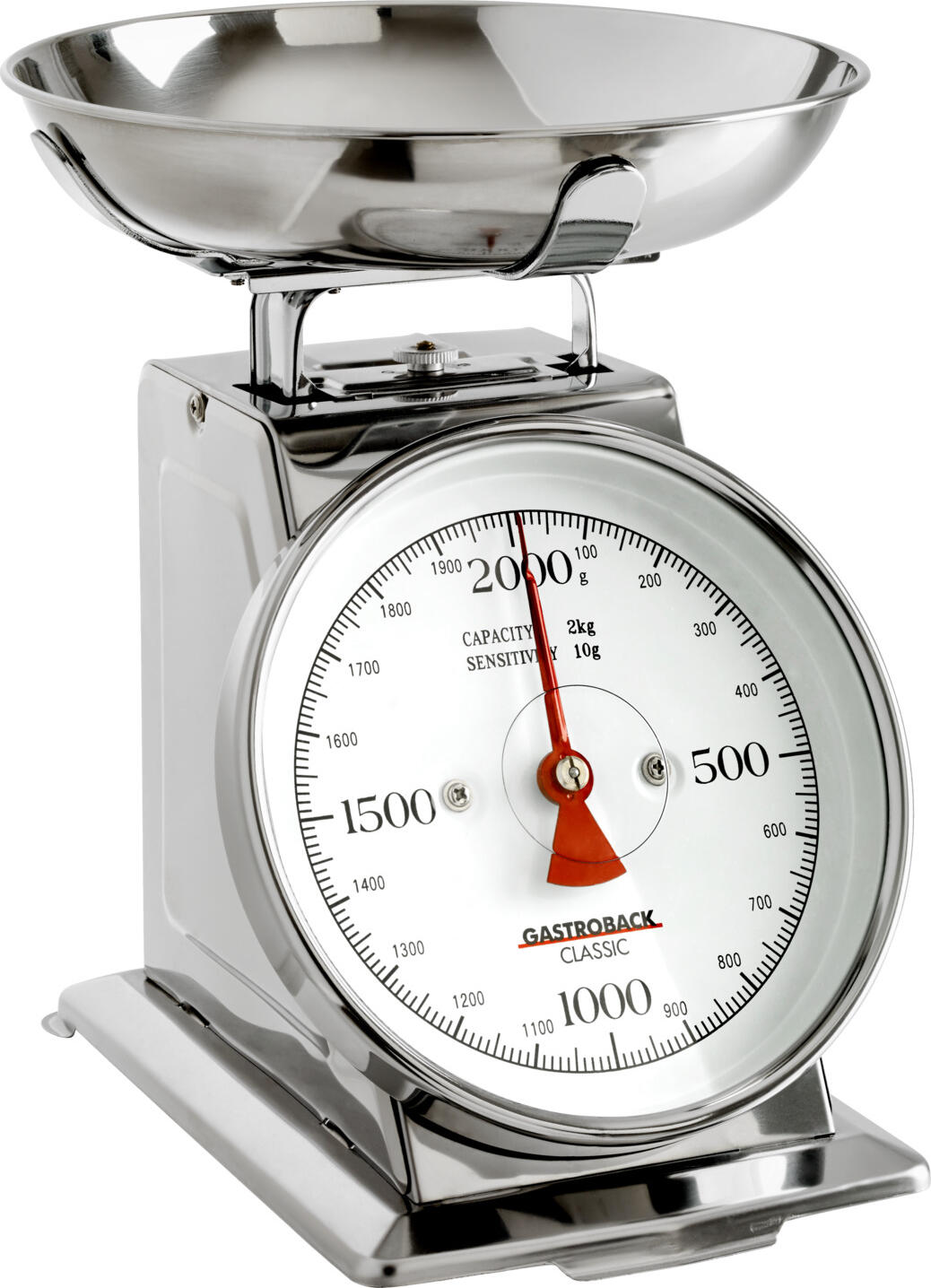 Gastroback Mechanical kitchen scale Classic Mechanische Küchenwaage Classic Mechanical kitchen scale Classic; 15x10x21 cm (LxWxH); stainless steel Mechanische Küchenwaage Classic; 15x10x21 cm (LxBxH); edelstahl Mechanical kitchen scale made of 18/10 stainless steel, polished. Weighing pan is removable (Ø 20 cm), excellent stability on the scale. Large display with pointer. Tare is adjustable. Weighing capacity 2 kg with an accuracy of 10 g. Mechanische Küchenwaage aus Edelstahl 18/10, poliert. Waagschale ist abnehmbar (Ø 20 cm), hervorragende Standfestigkeit auf der Waage. Große Anzeige mit Zeiger. Tara ist einstellbar. Wiegekapazität 2 kg mit einer Genauigkeit von 10 g.