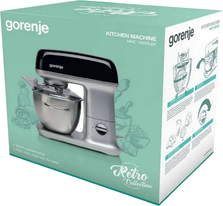 Robot de cuisine planetar Gorenje MMC1000RLBK Retro Collection, 1000W, Bol Inox 4.5L, 7 Viteze + Turbo, Negru, Set de 5 Accesorii